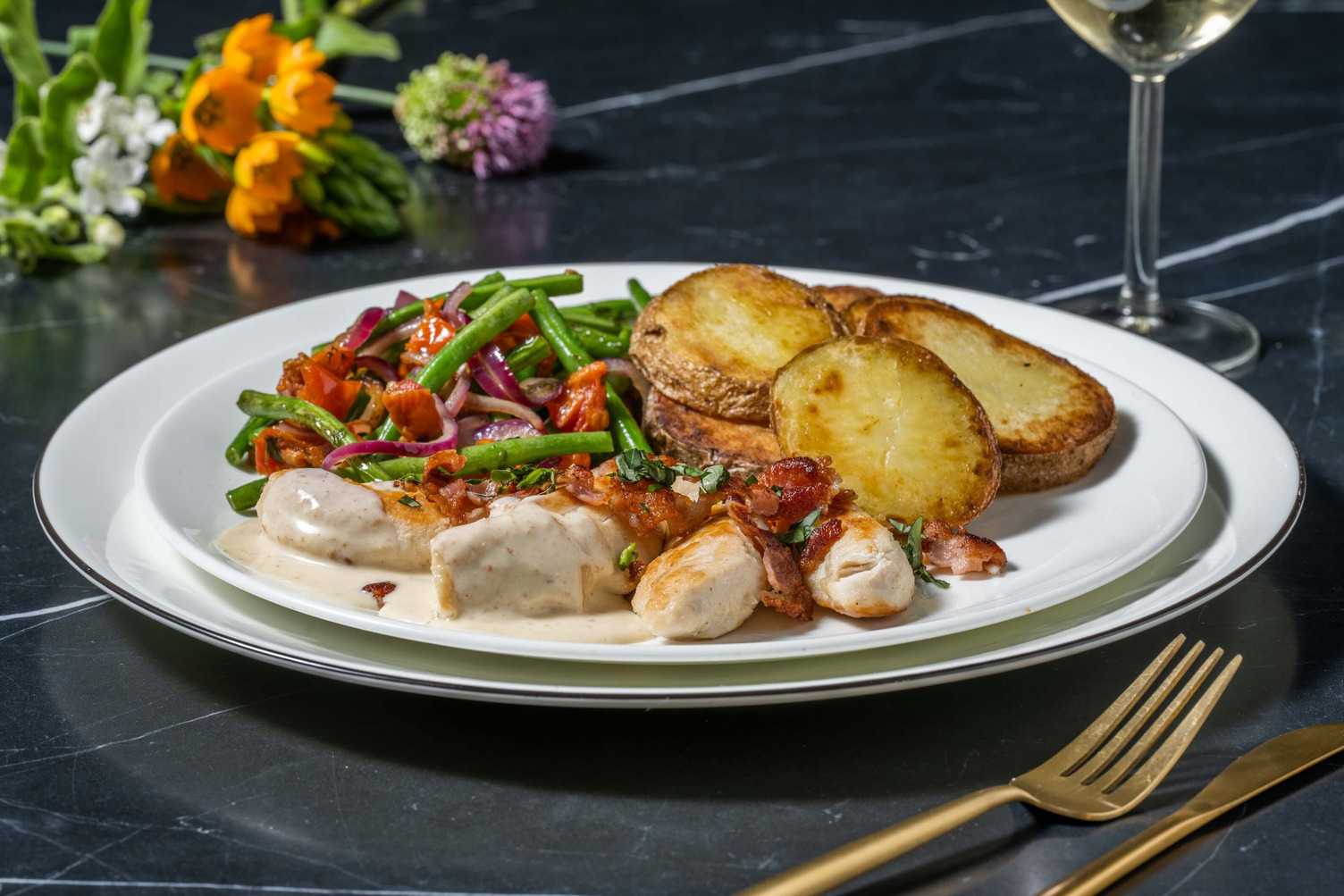 Aiguillettes de poulet en sauce crémeuse au parmesan saupoudrées de lard