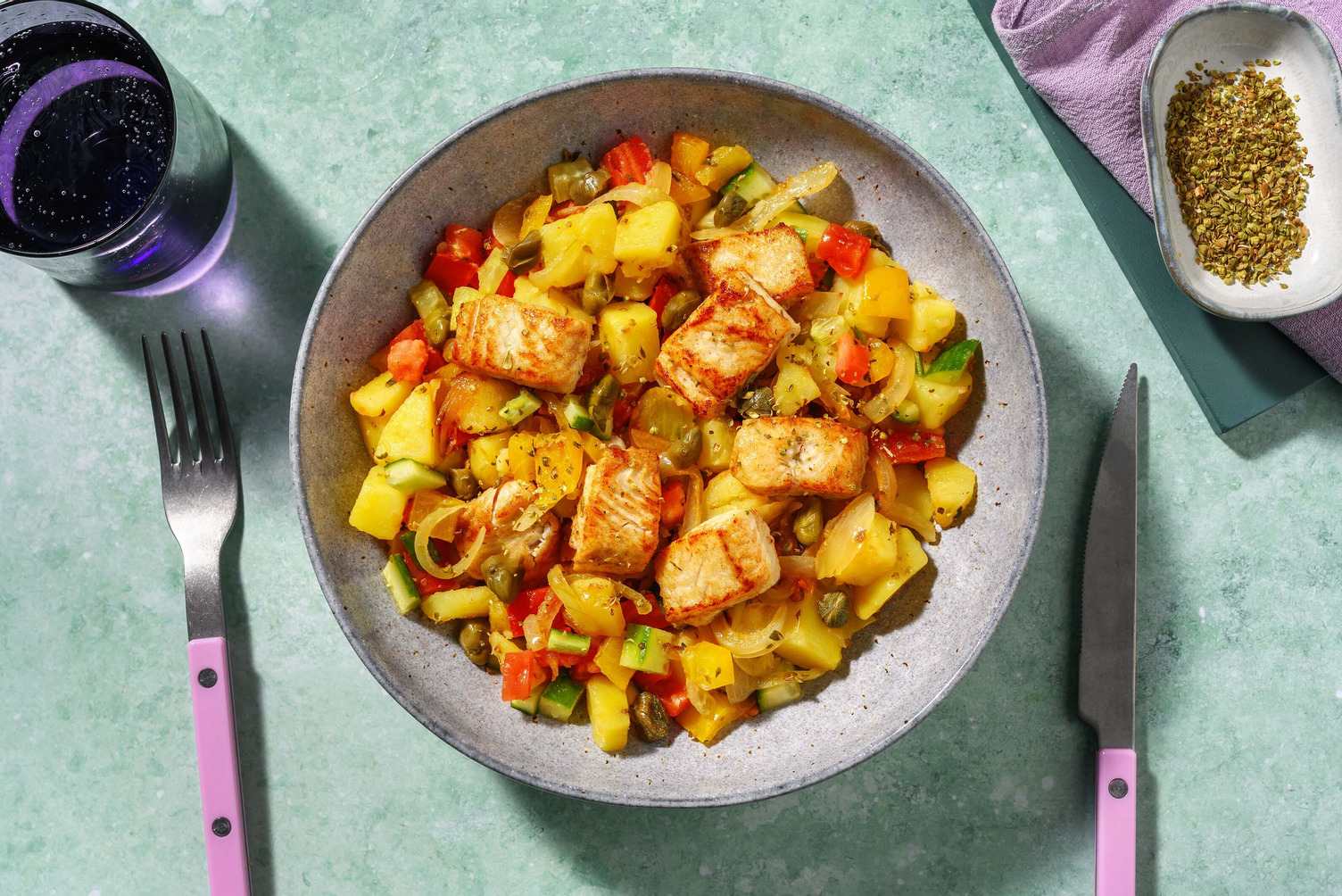 Merluzzo tiepido e verdure alla catalana