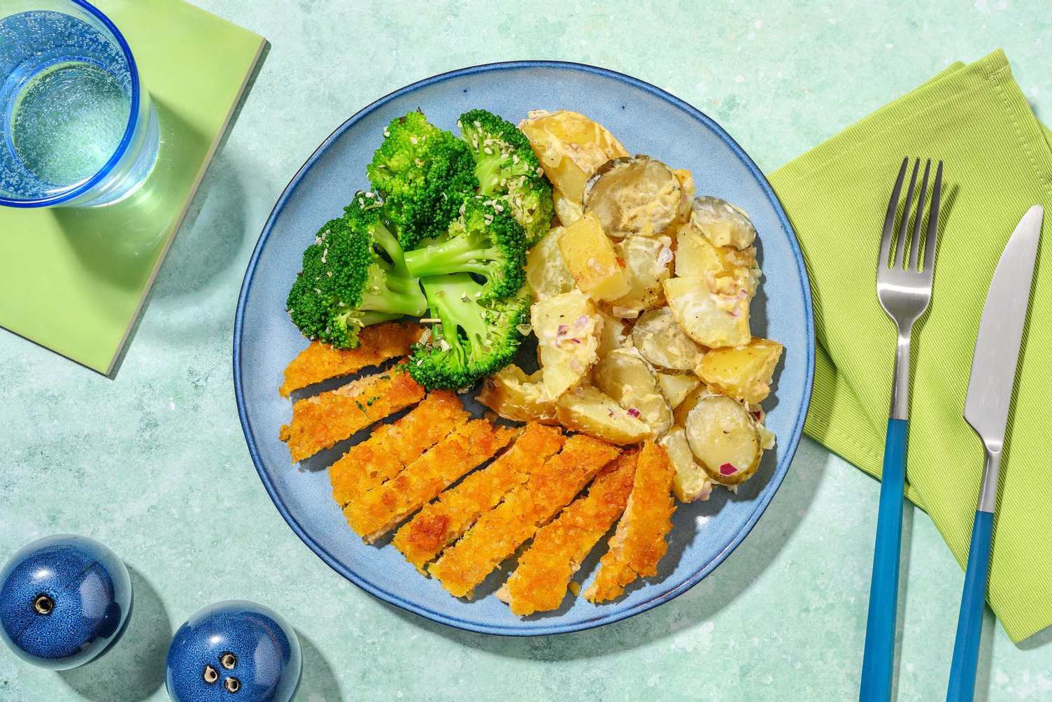 Vegetarische schnitzel met gomasiobroccoli 