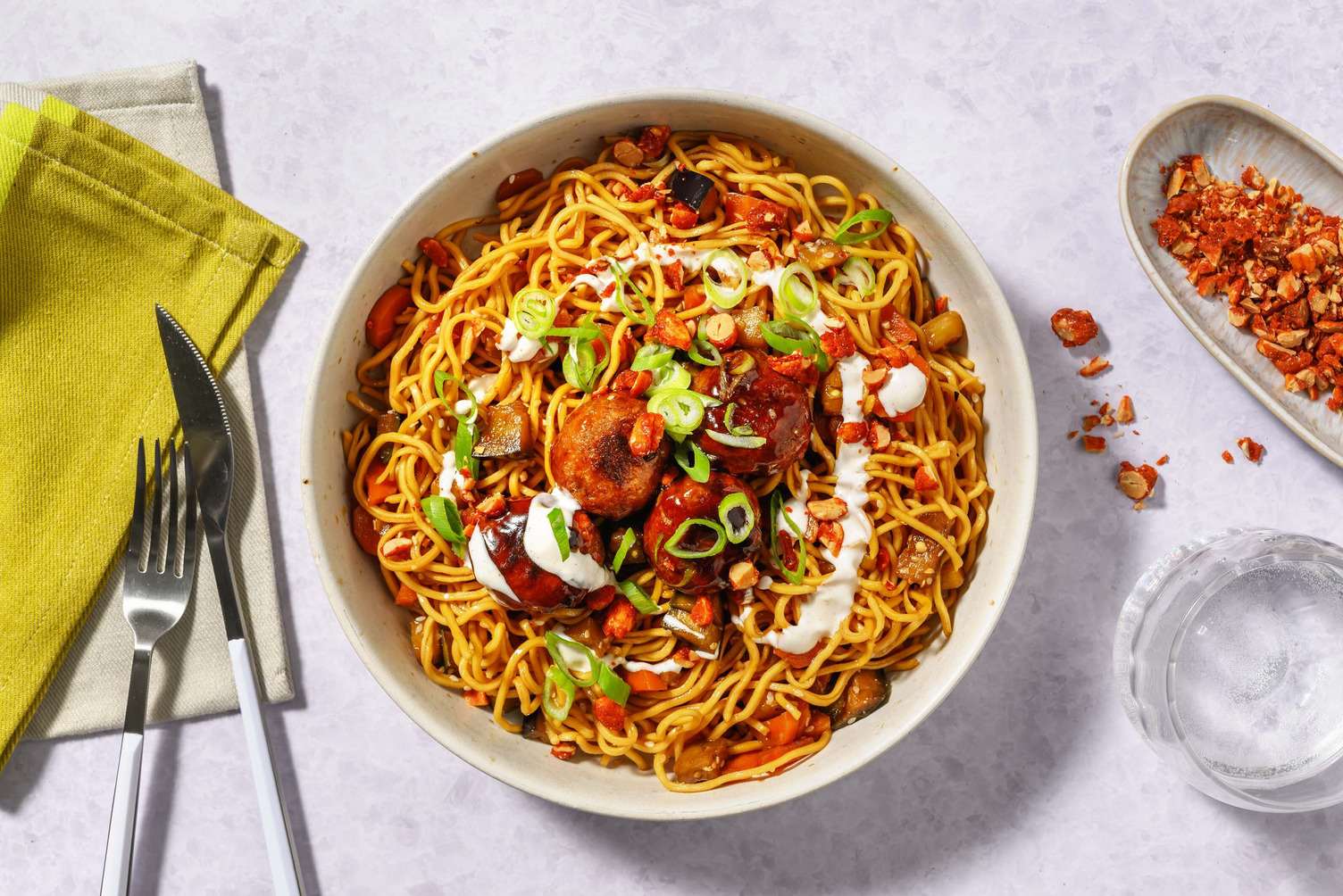 Sticky Meatballs with Stir-Fried Noodles