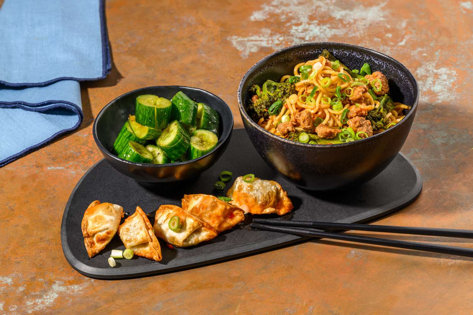 Dan Dan Style Pork Noodles and Glazed Gyozas