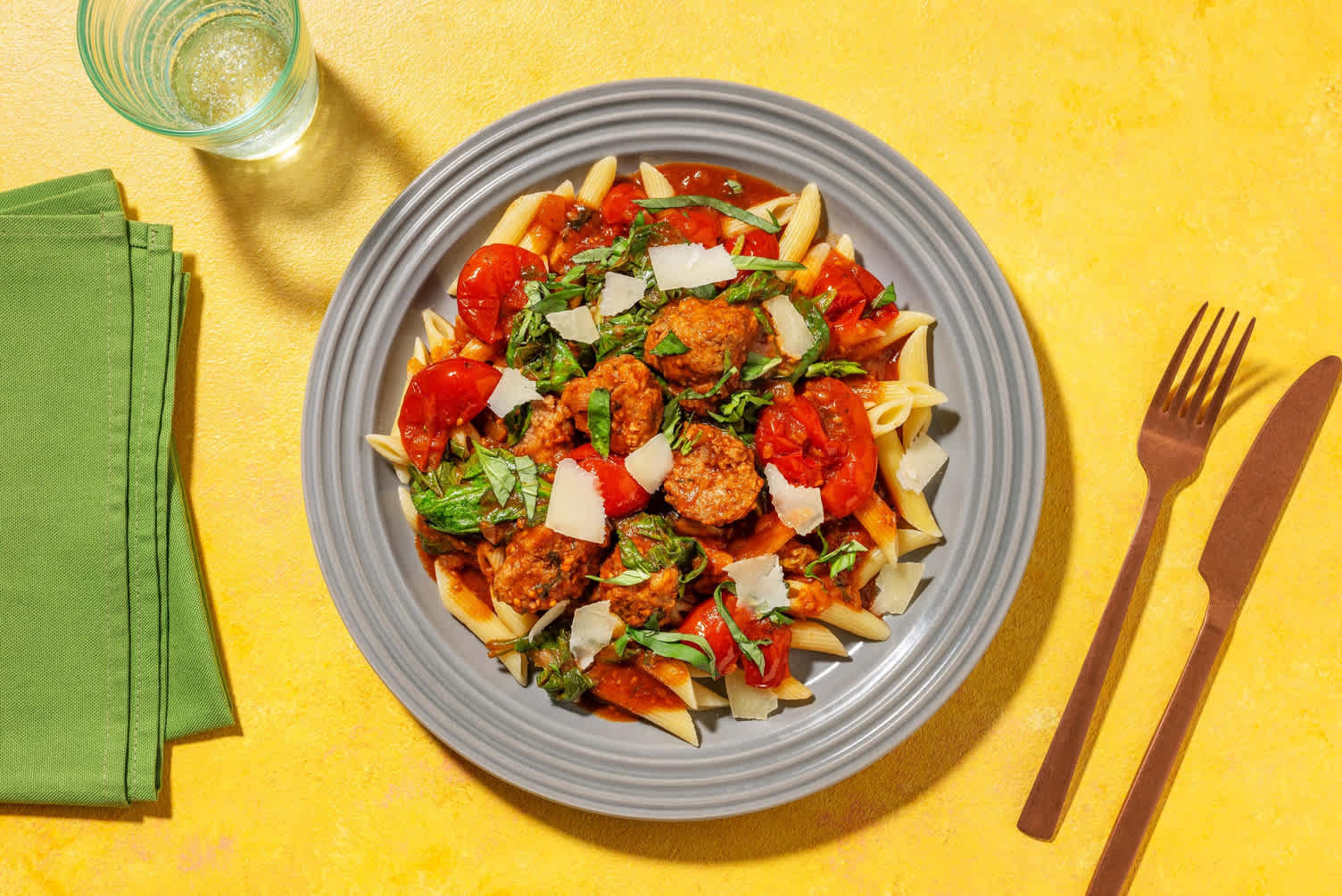 Penne met kipgehaktballetjes in romige tomatensaus