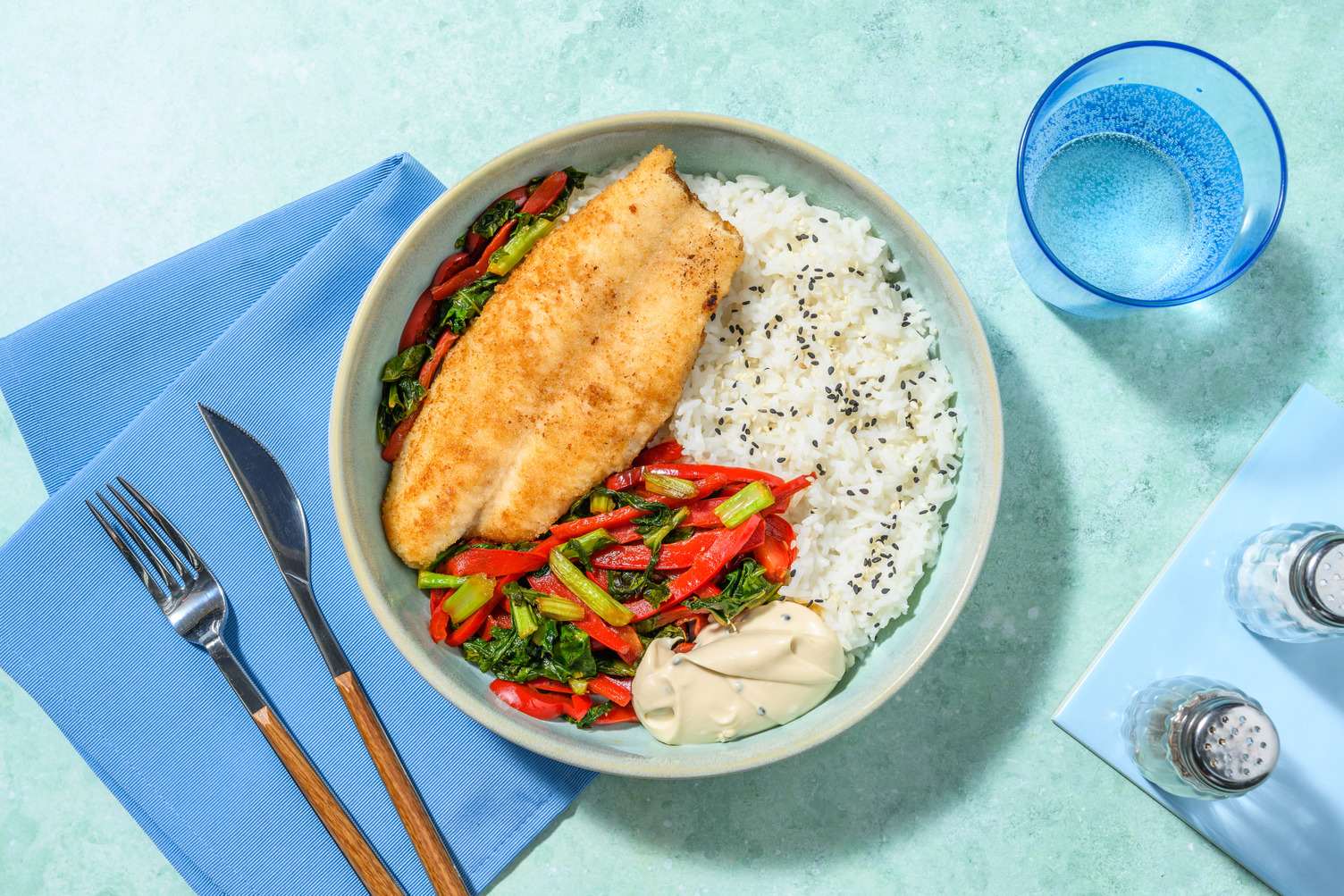 Crumbed Fish & Garlic Rice Bowl