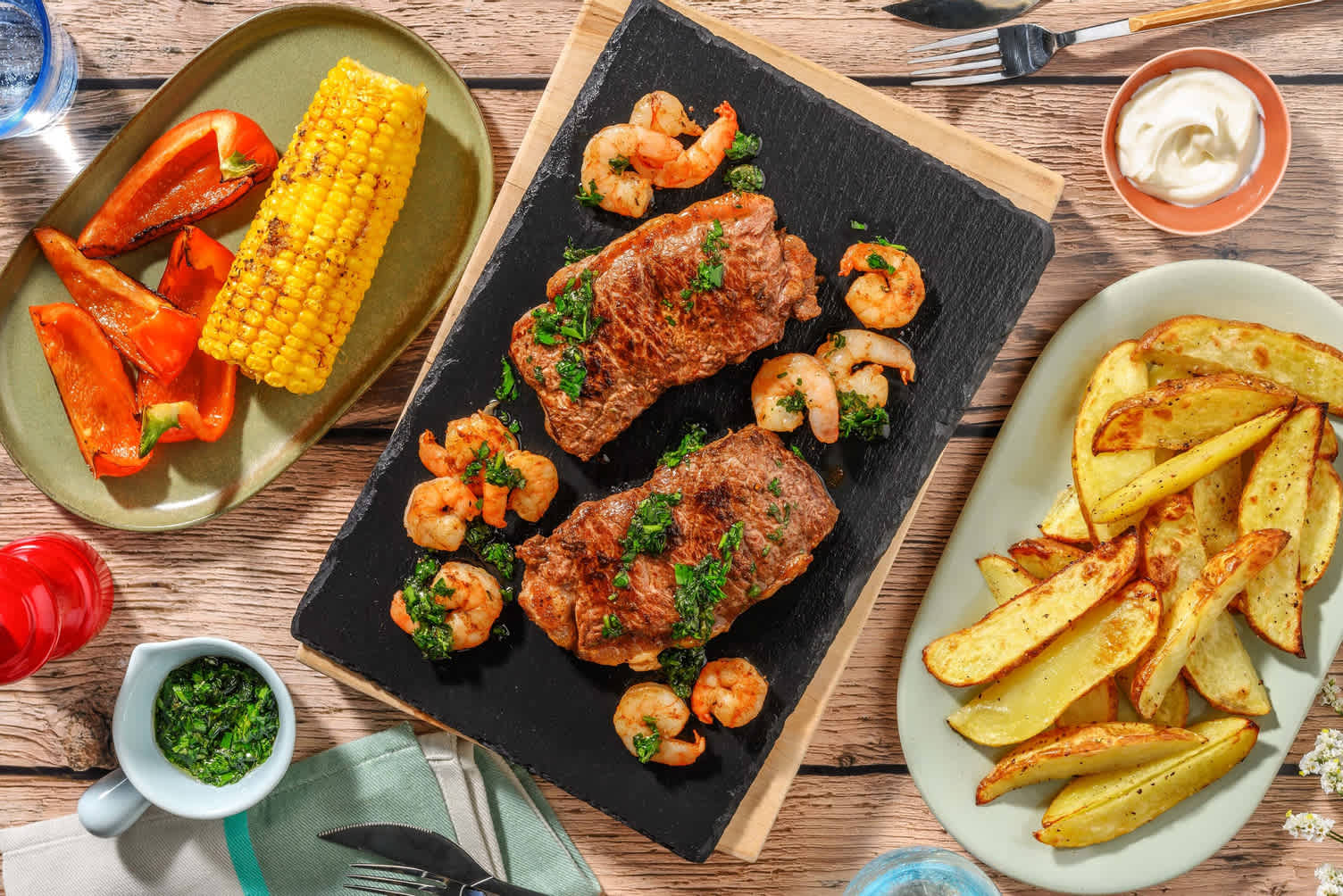 Terre et mer : steak et crevettes avec poivron pointu et maïs