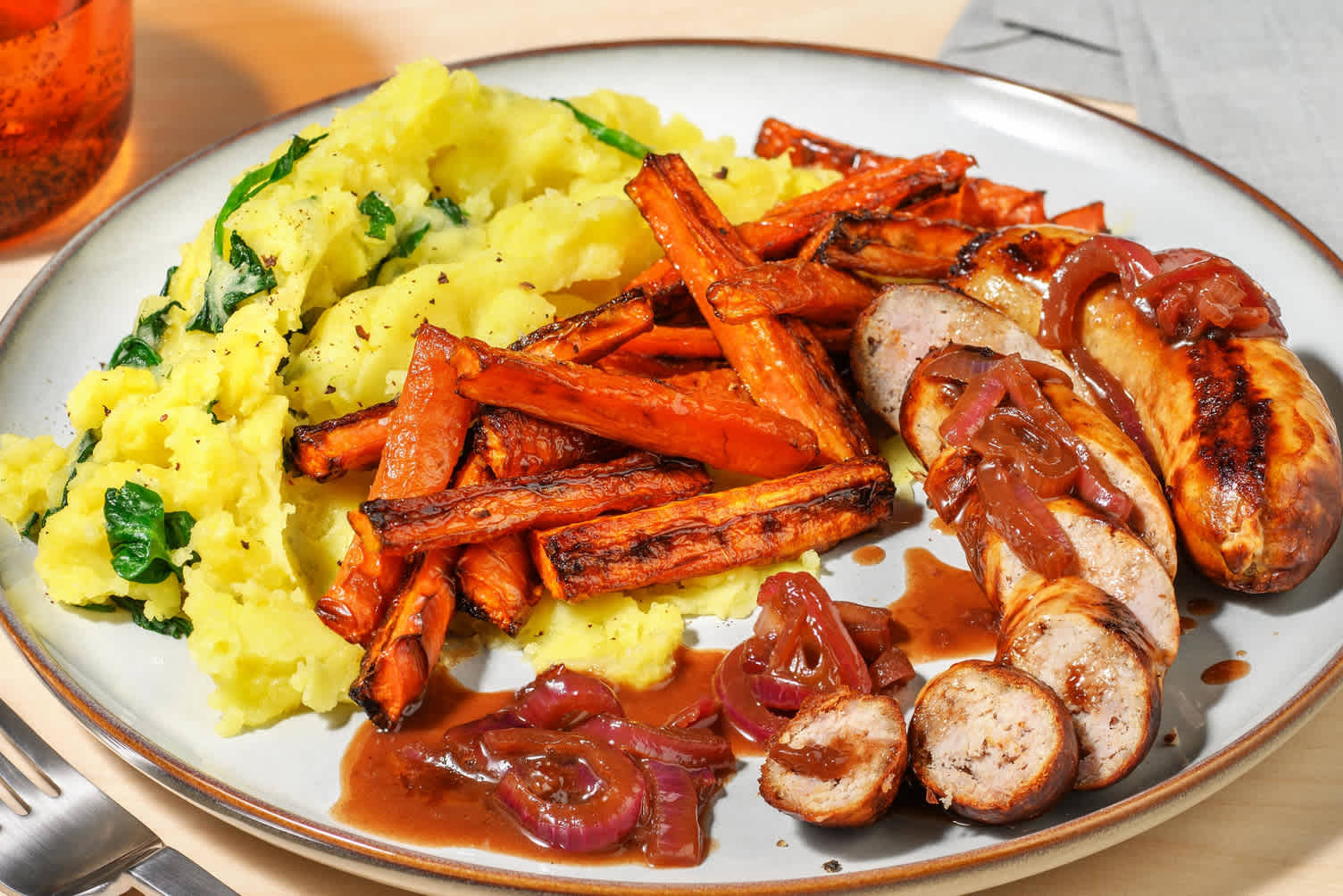 Honey Mustard Sausages and Homemade Onion Gravy