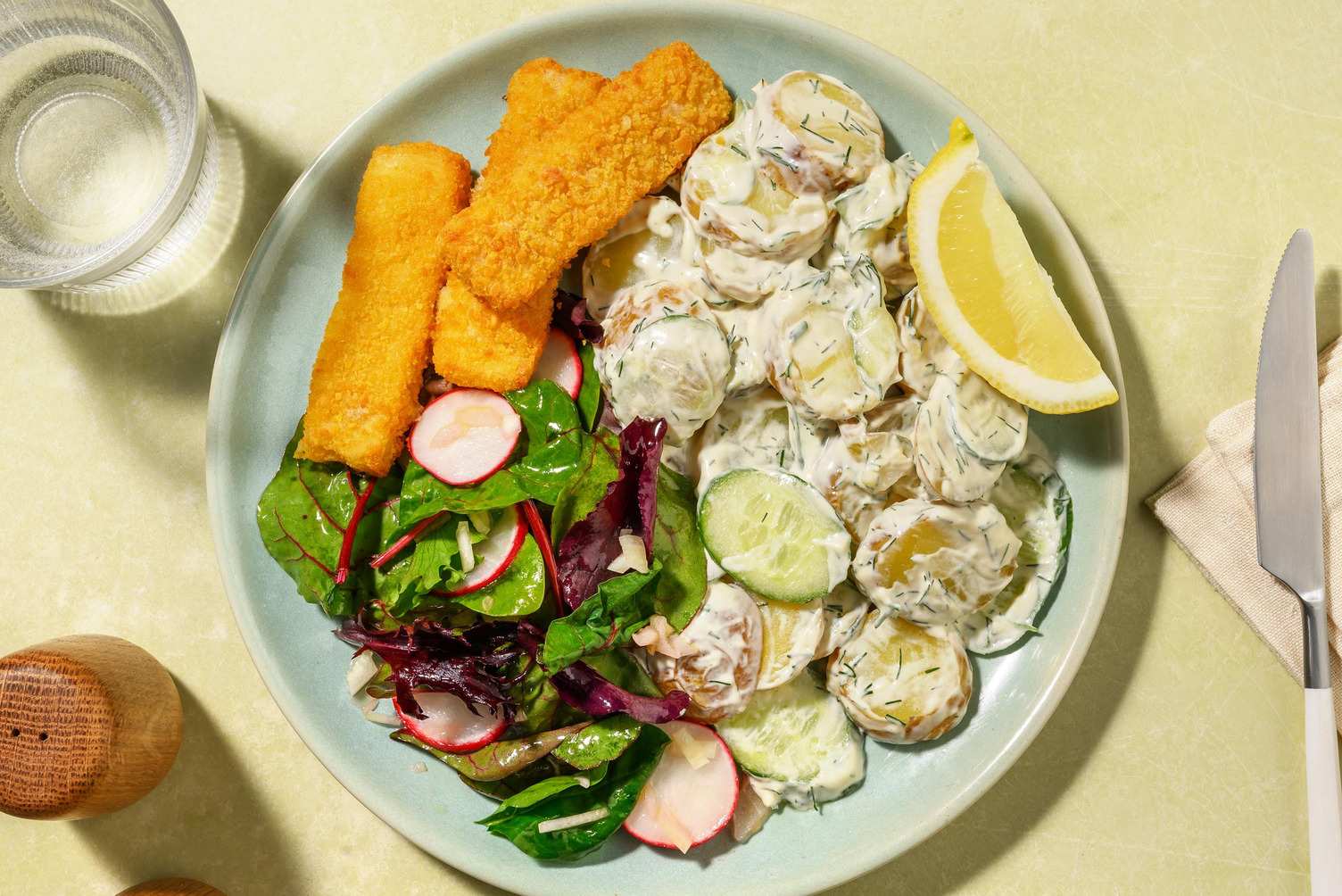 No-Fish Fingers with Creamy Yogurt-Dill Potato Salad