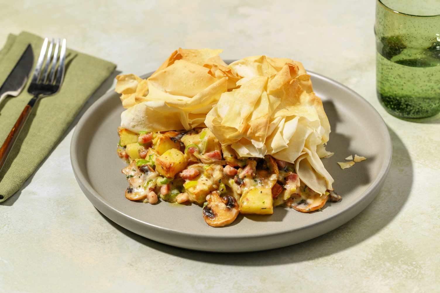 Hearty Bacon & Mushroom Filo Pie