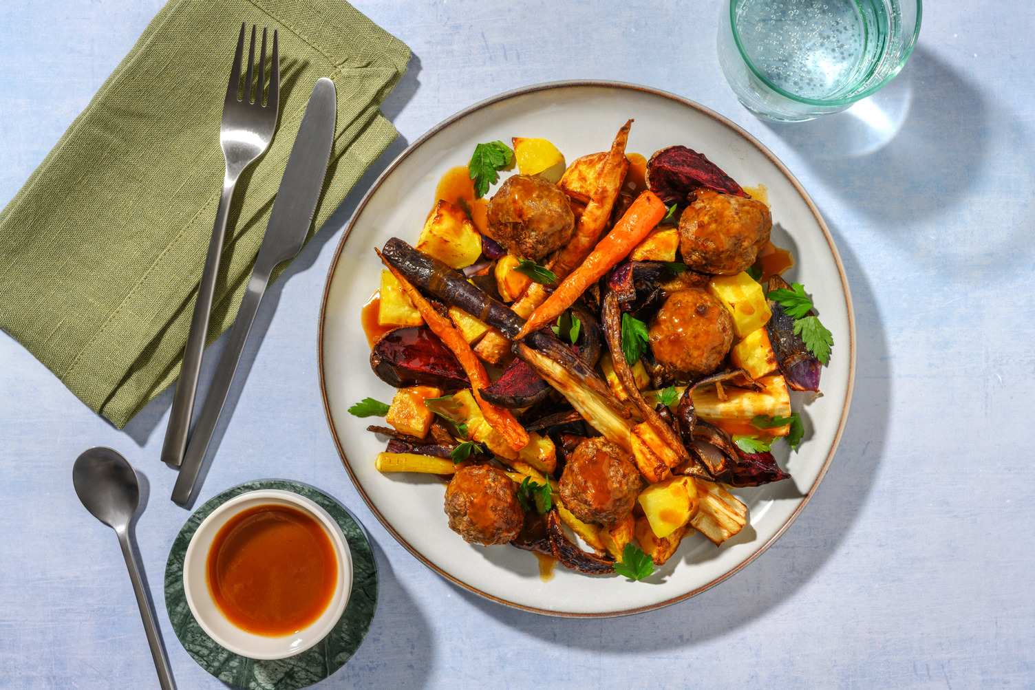 Venison-Beef Meatballs & Veggie Traybake
