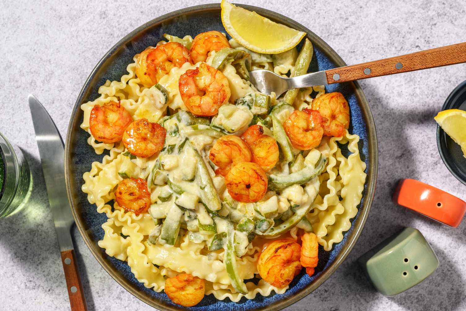 Sweet & Sticky Curried Shrimp with Mafaldine