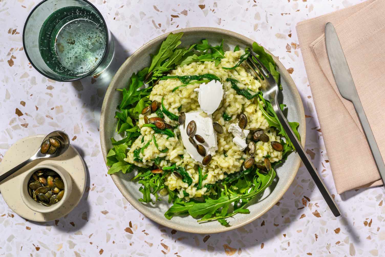 Risotto verde au pesto, chèvre & citron