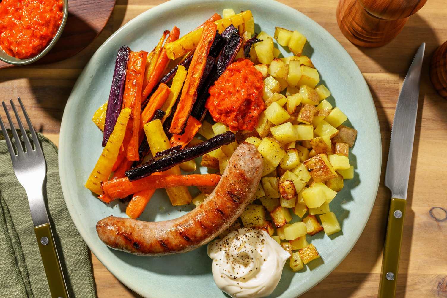 Saucisse de porc au cheddar Brandt & Levie et carottes multicolores
