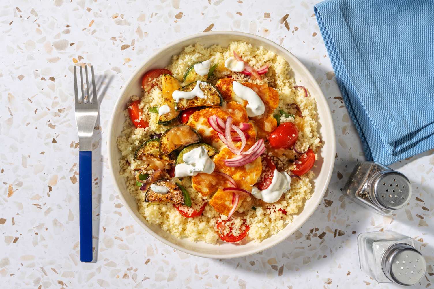 Chermoula Halloumi & Charred Courgette on Couscous 
