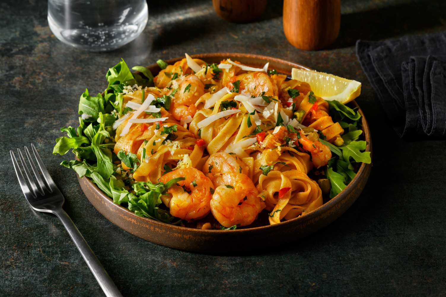 Tagliatelle aux crevettes & pangrattato citronné