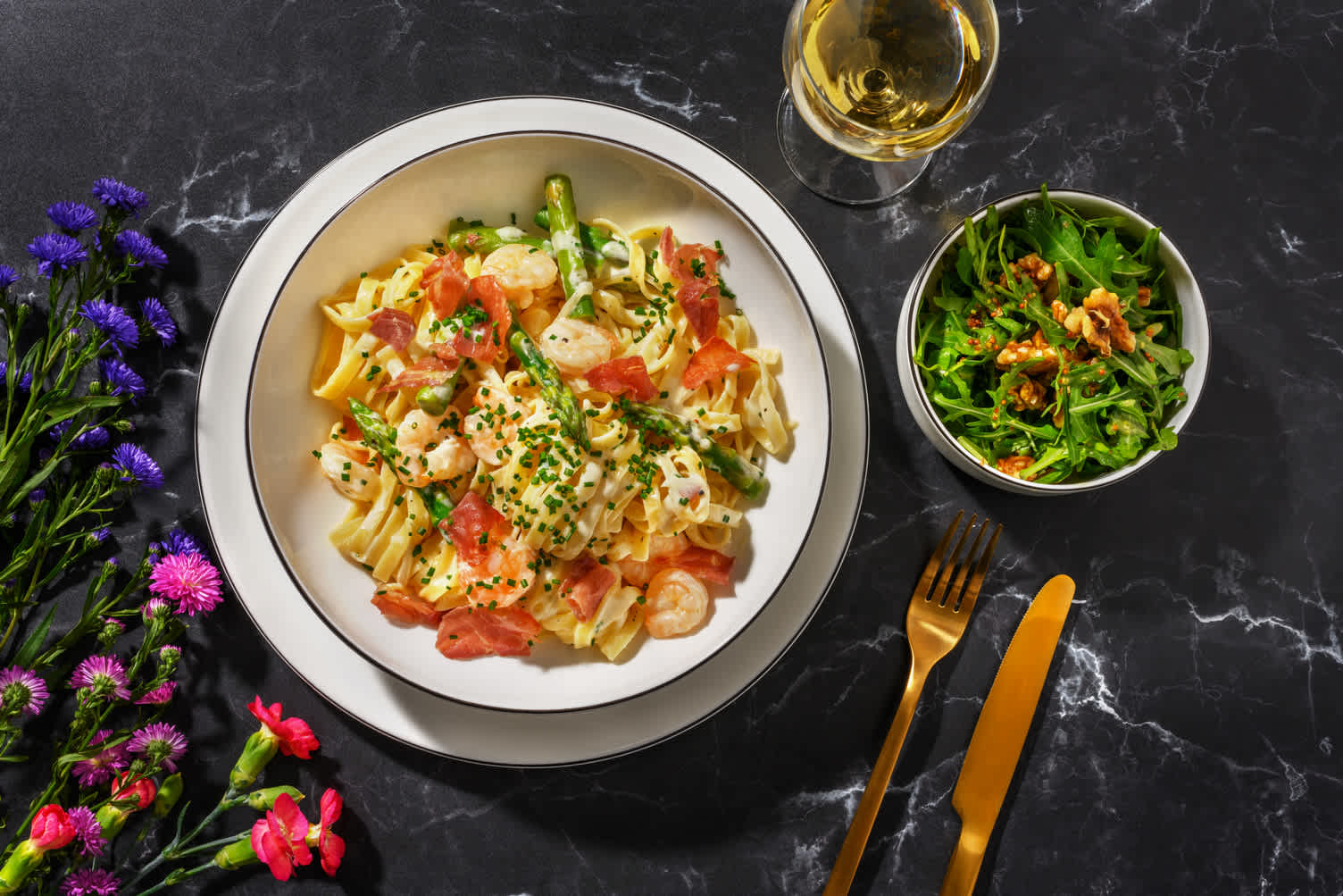 Creamy King Prawn, Asparagus and Serrano Ham Tagliatelle 