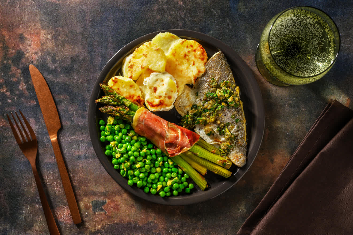 Crispy Sea Bream and Serrano Wrapped Asparagus
