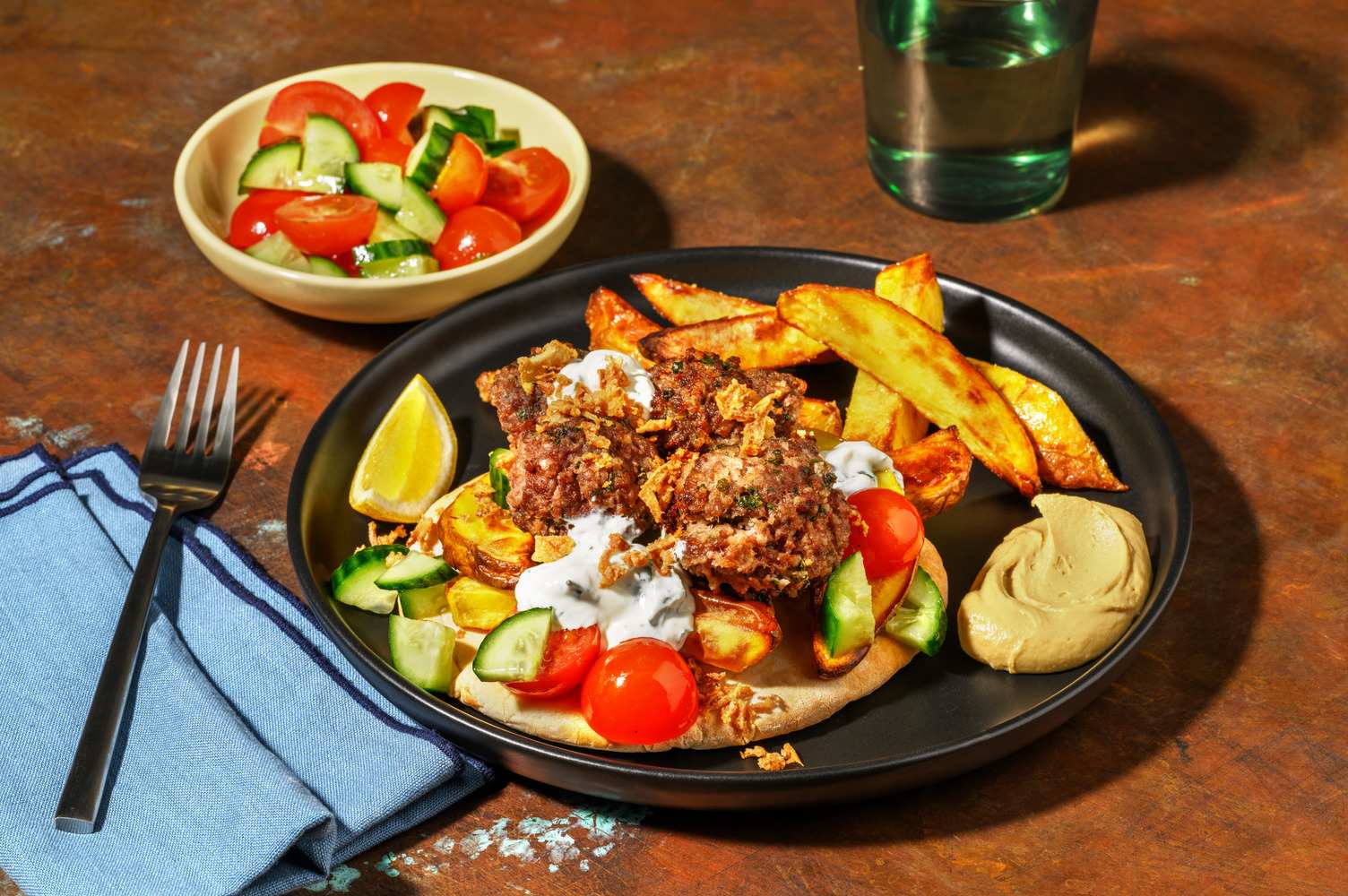 Greek Inspired Beef Kofta & Houmous Gyros and Chips