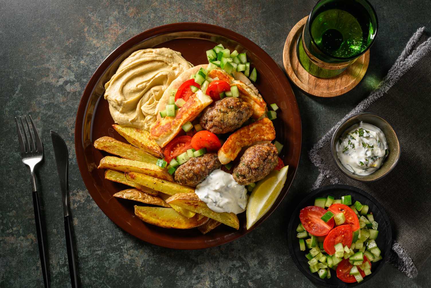 Greek Inspired Beef Kofta, Halloumi & Houmous Gyros and Chips