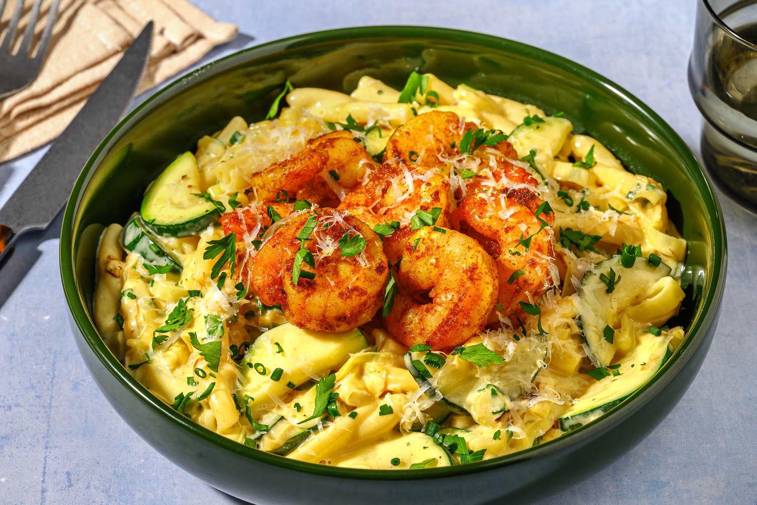 Pâtes aux crevettes au curry crémeux