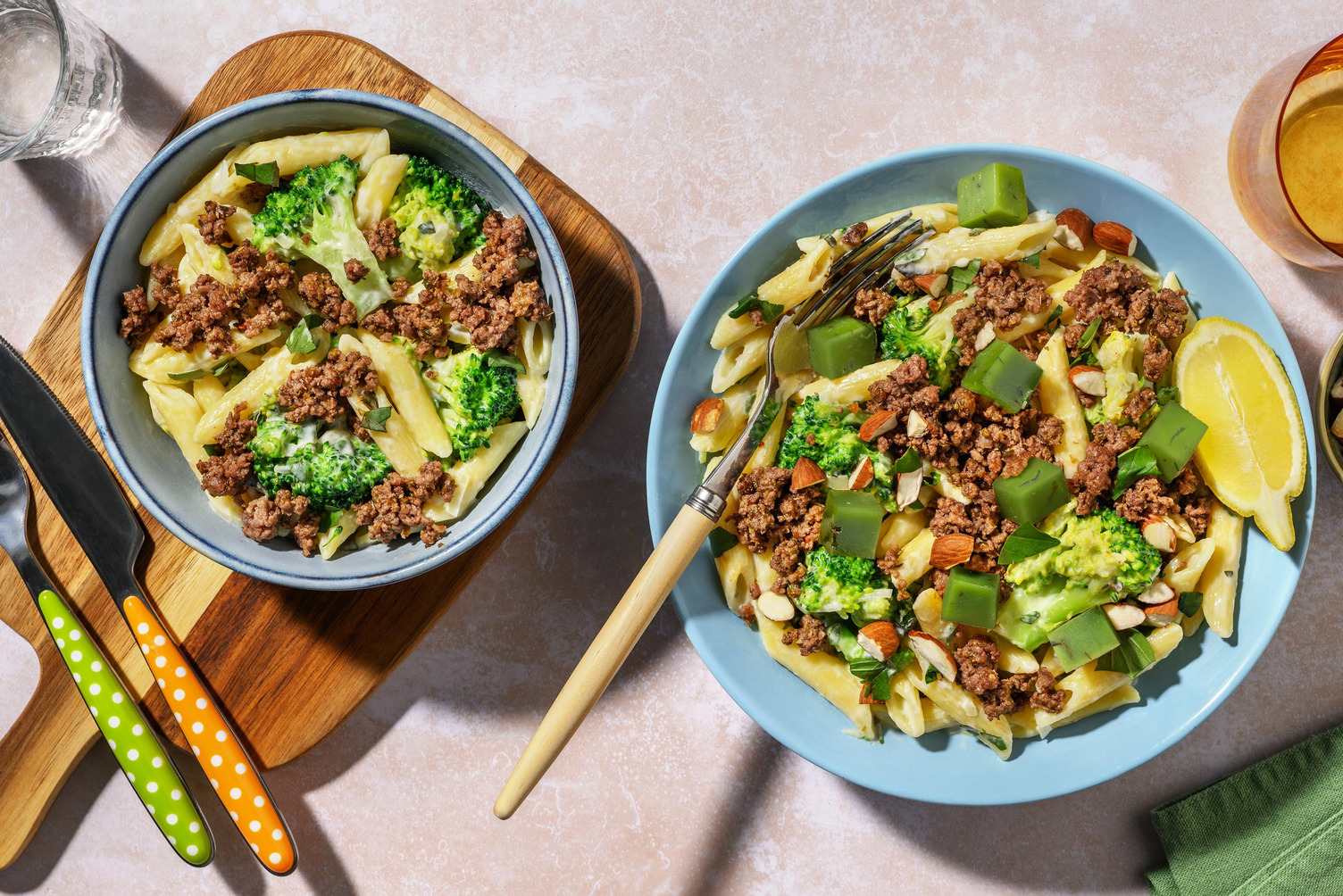 Penne crémeuses au brocoli et haché de bœuf & porc