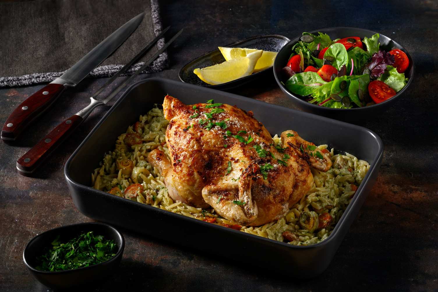 One Pot Roast Chicken & Leeks on Creamy Pesto Orzo