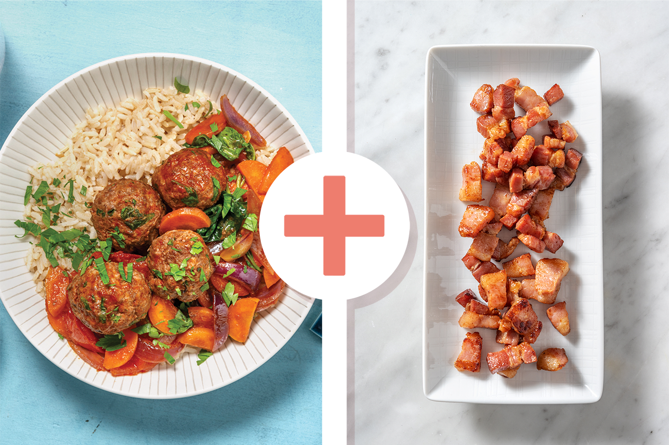 Baked Beef Meatball Bacon Stew & Brown Rice