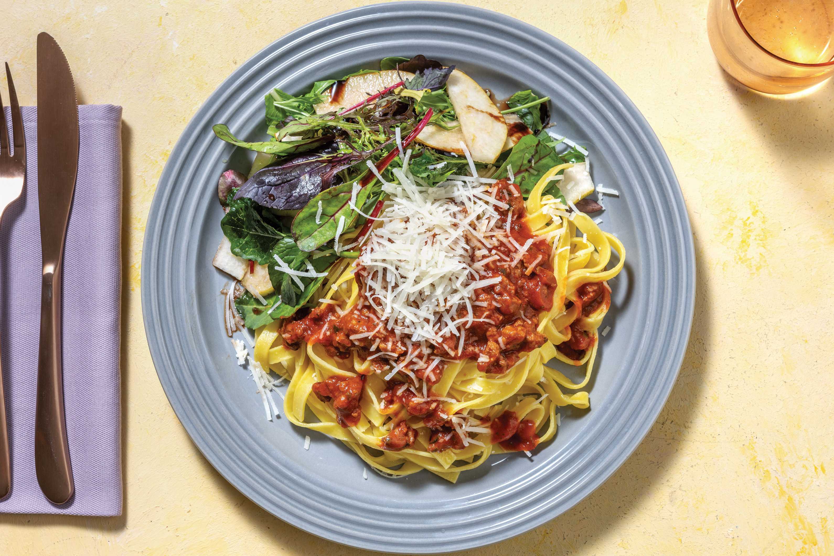 Beef & Tomato Sugo with Fresh Fettuccine & Pear Salad