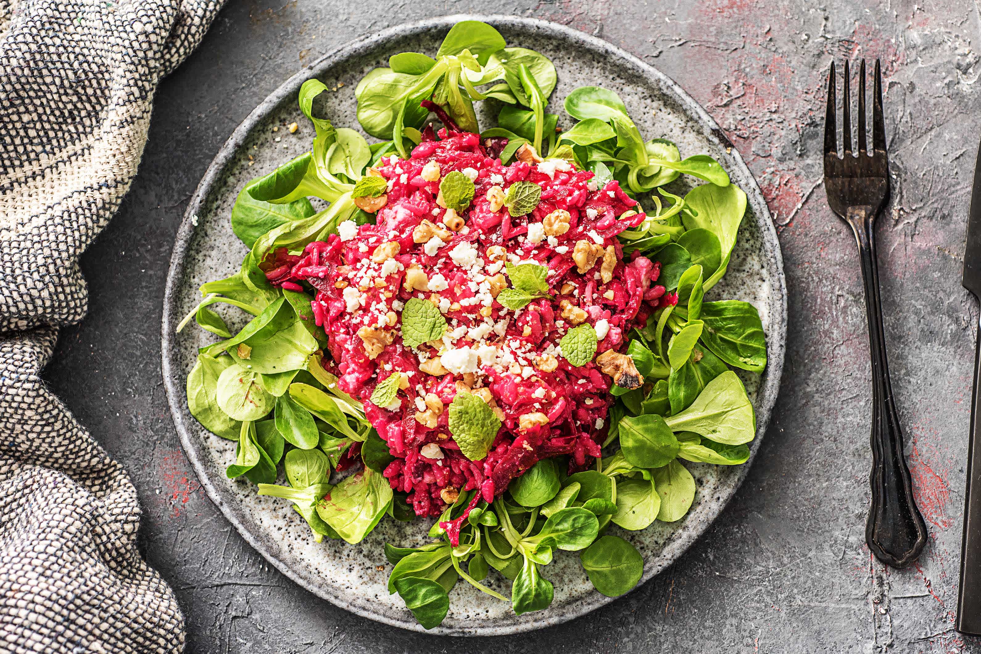 Risotto de betteraves, feta et menthe