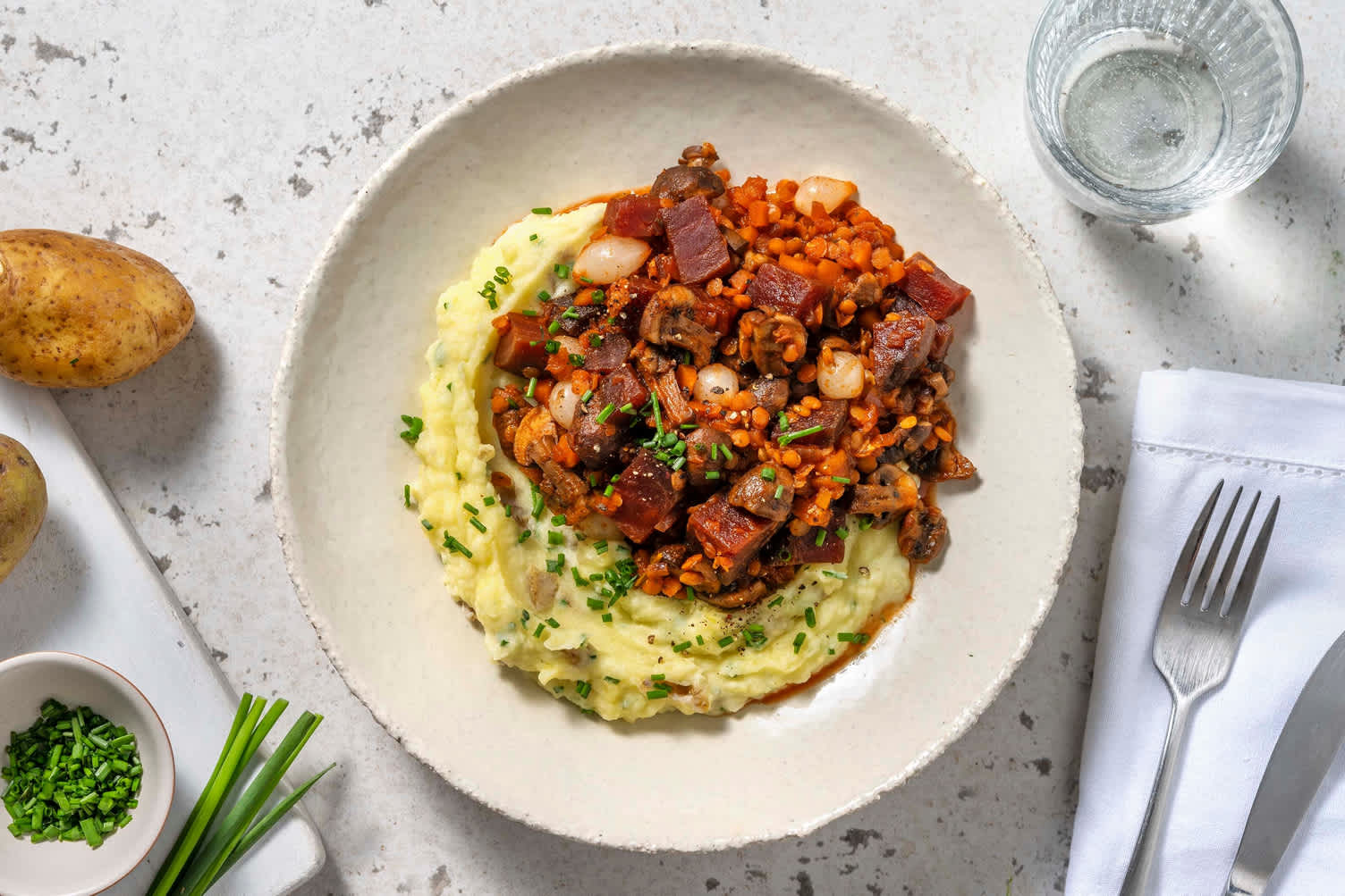 Beet Bourguinon over chive mash