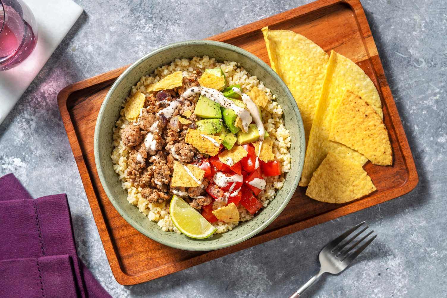 Bulgurbowl met kipgehakt en tacostukjes