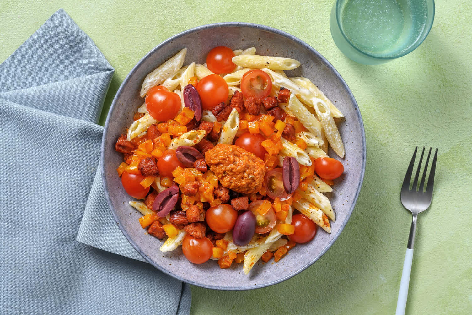 Pastabowl met chorizo en olijven