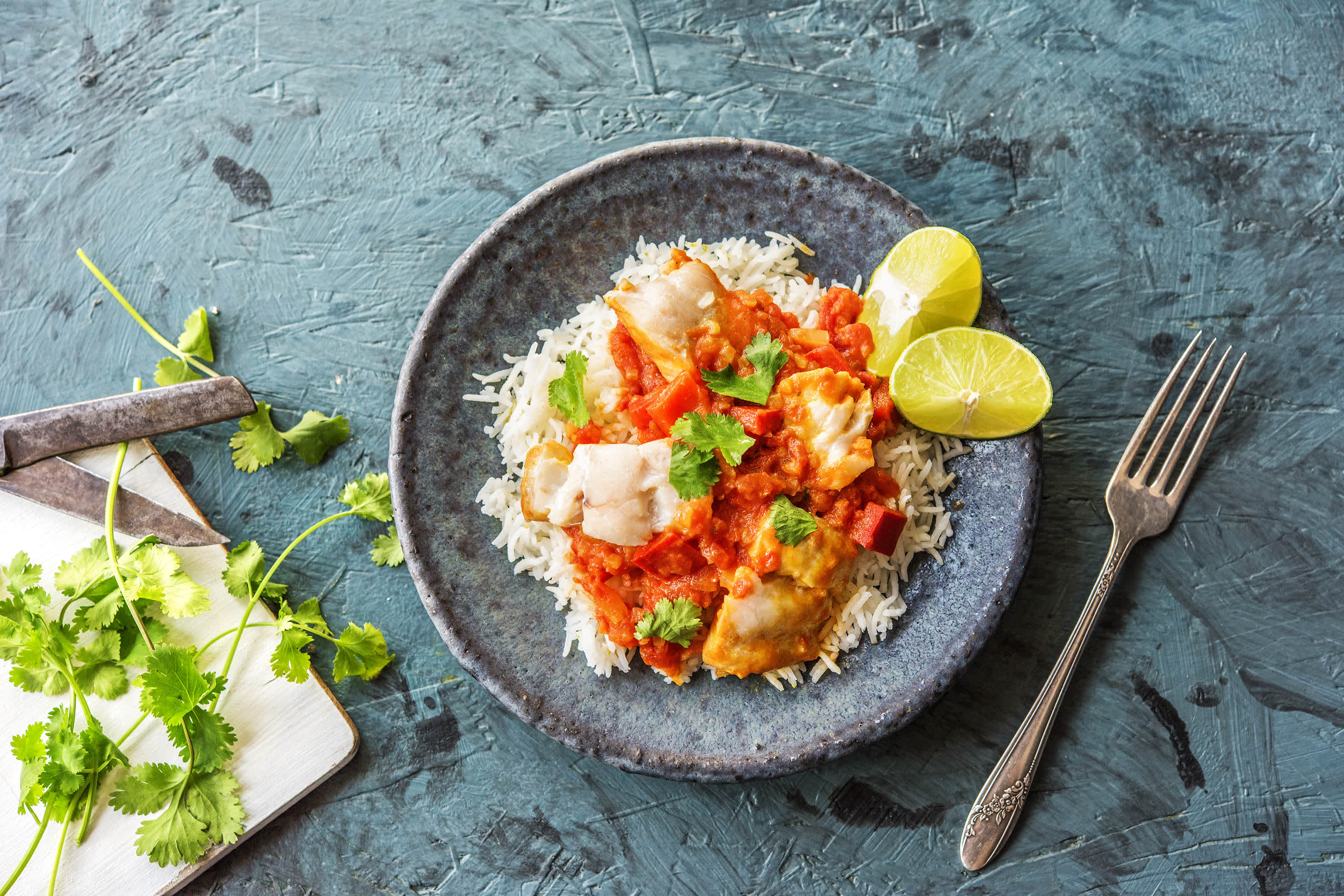 Mijoté de poisson à la brésilienne, riz et coriandre