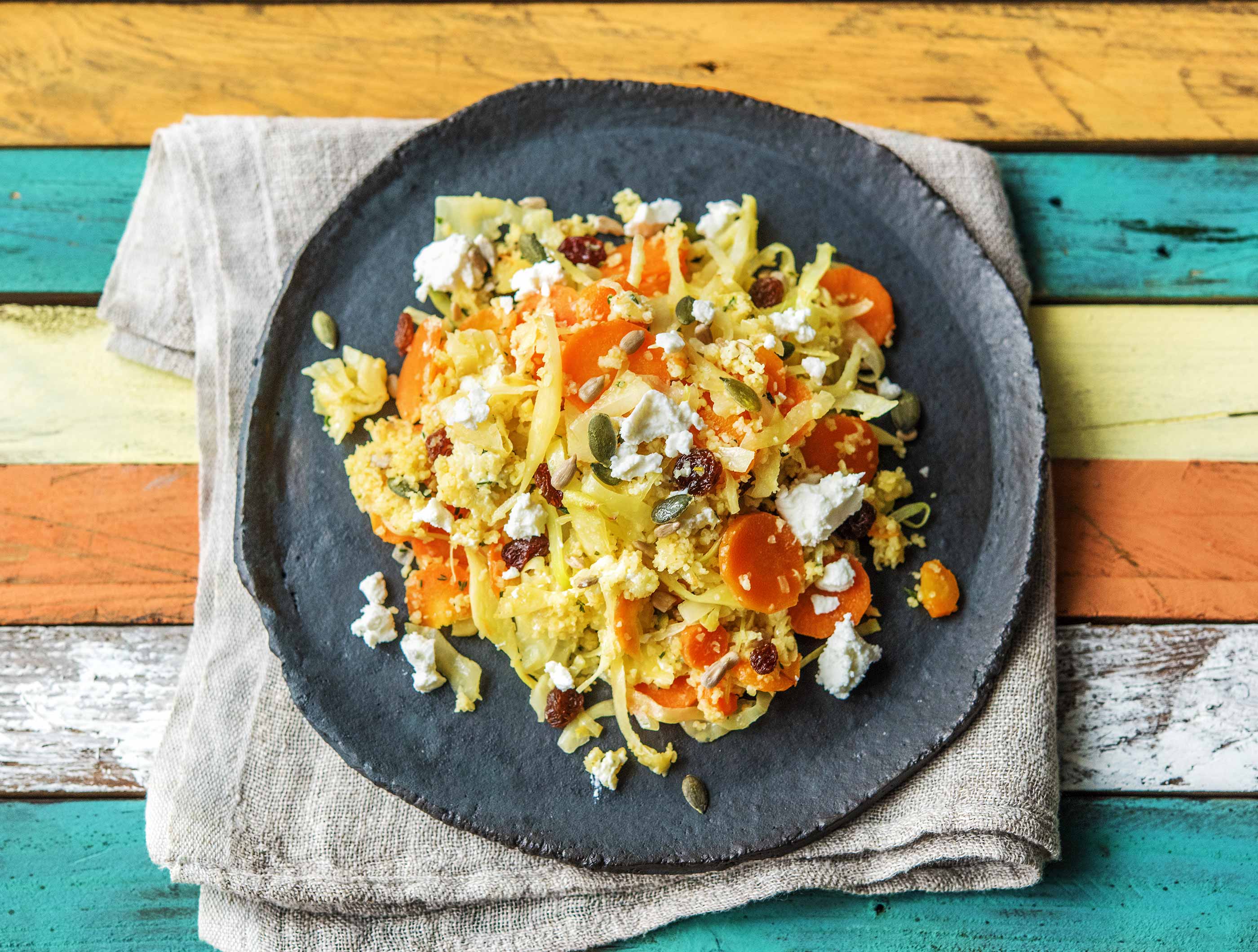 Bulgur met wintergroenten en geitenkaas