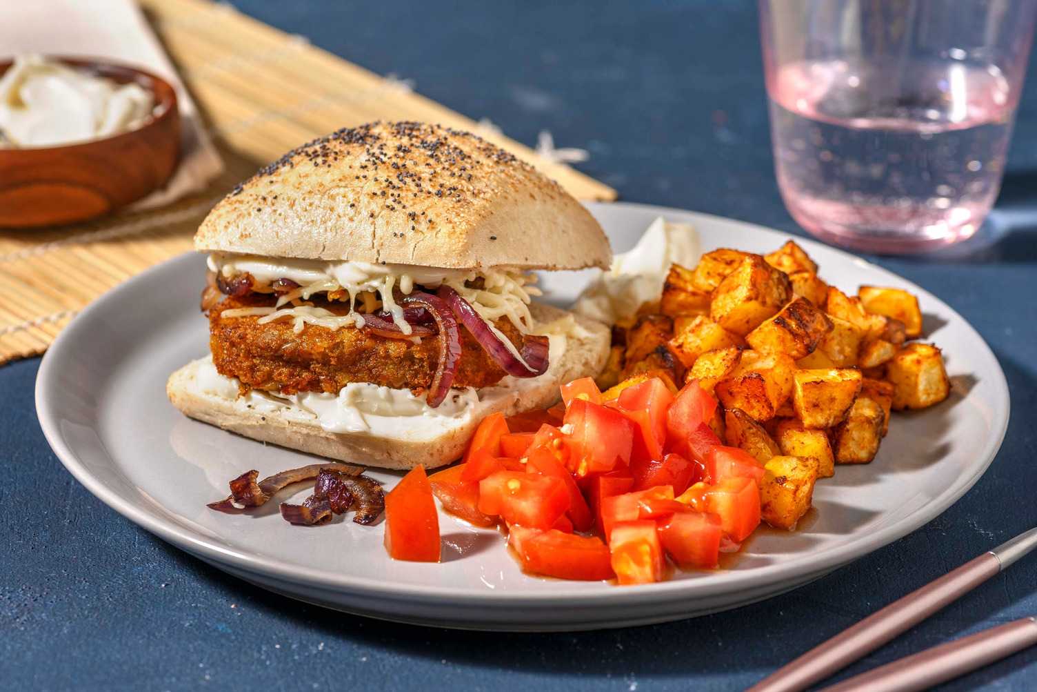 Burger de carotte et courge sur petit pain aux graines de pavot