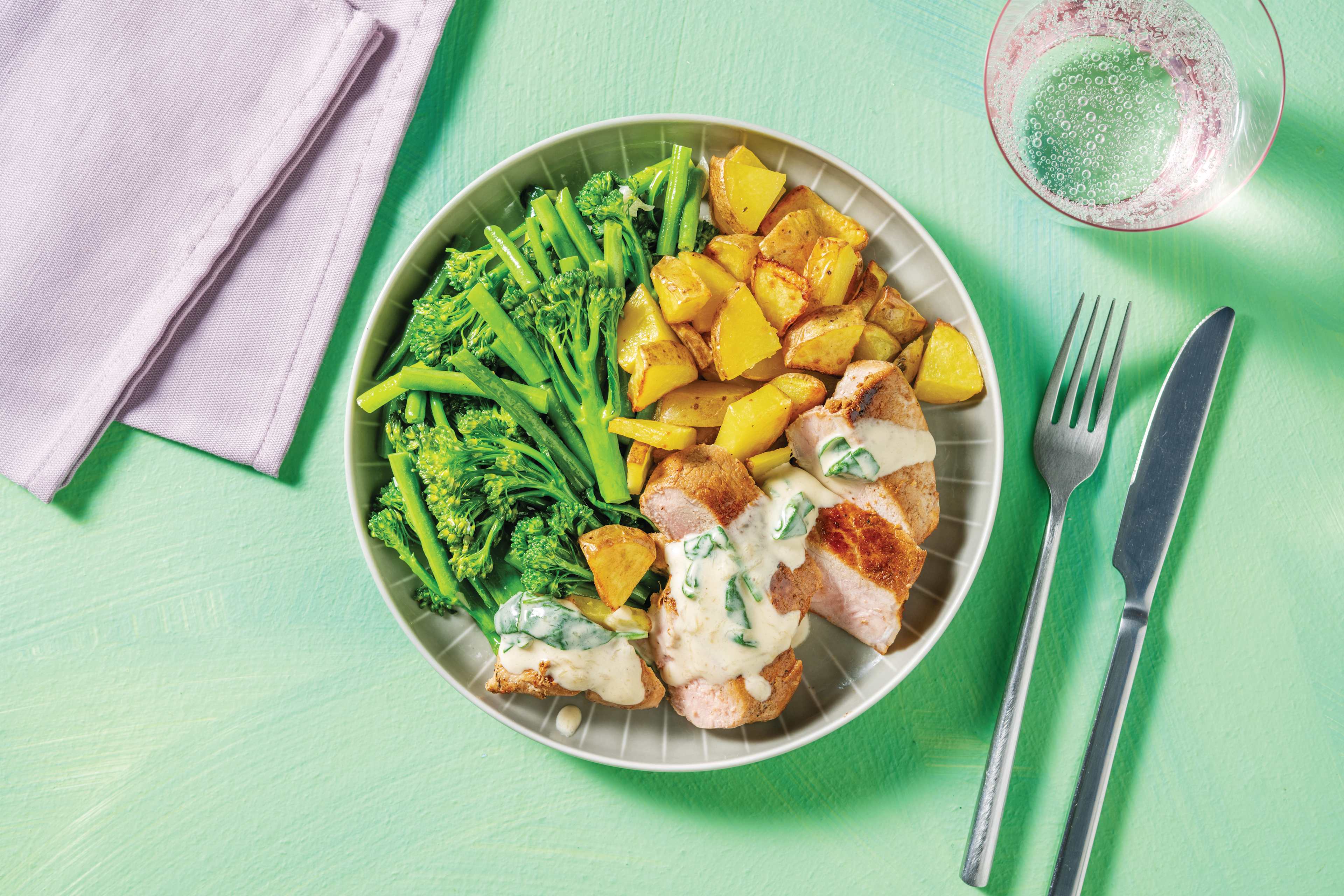 Cheesy Pork, Creamy Spinach & Green Beans