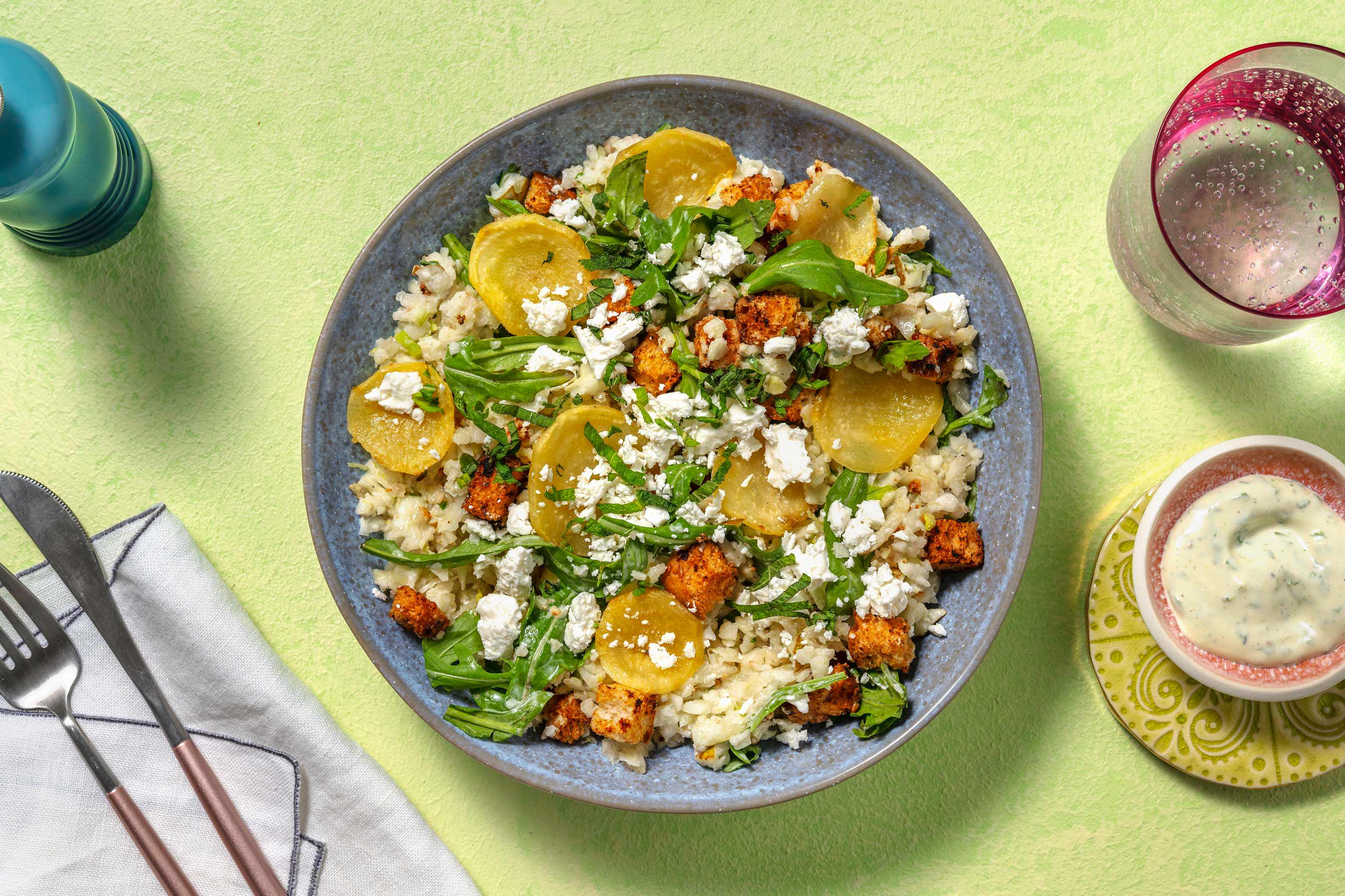 Fenchel-Birnen-Salat mit Gelbe-Beete-Chips
