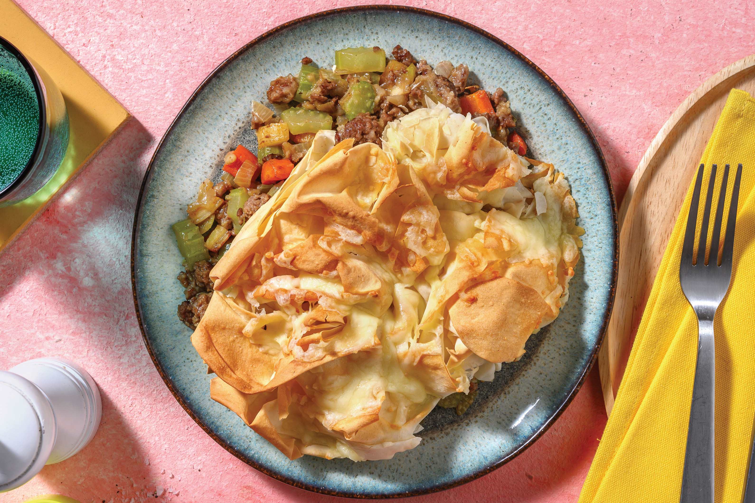 Gravy Beef, Pork & Veggie Filo Pie