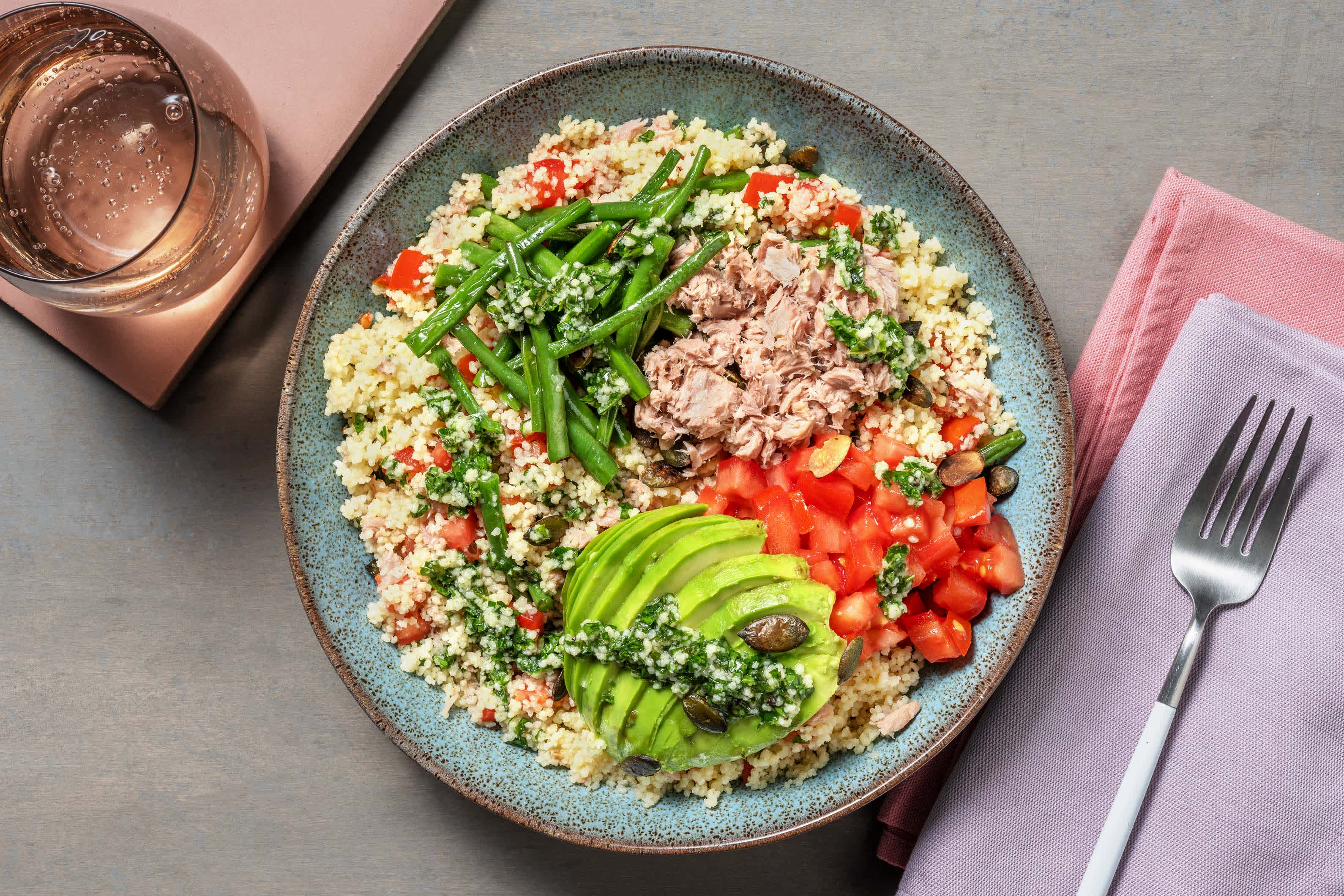 Groene couscous met tonijn en sperziebonen