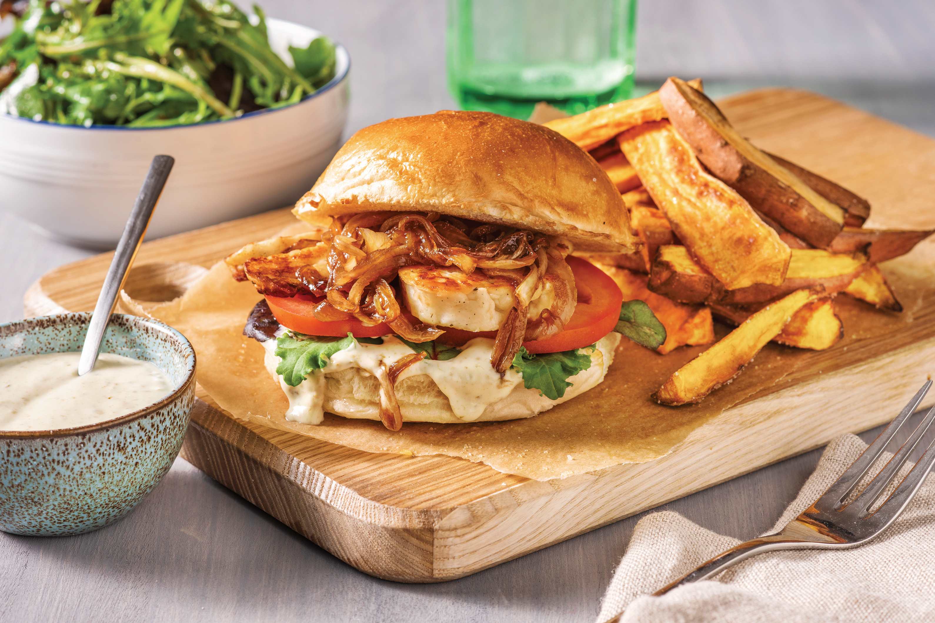 Haloumi, Pesto & Caramelised Onion Burger