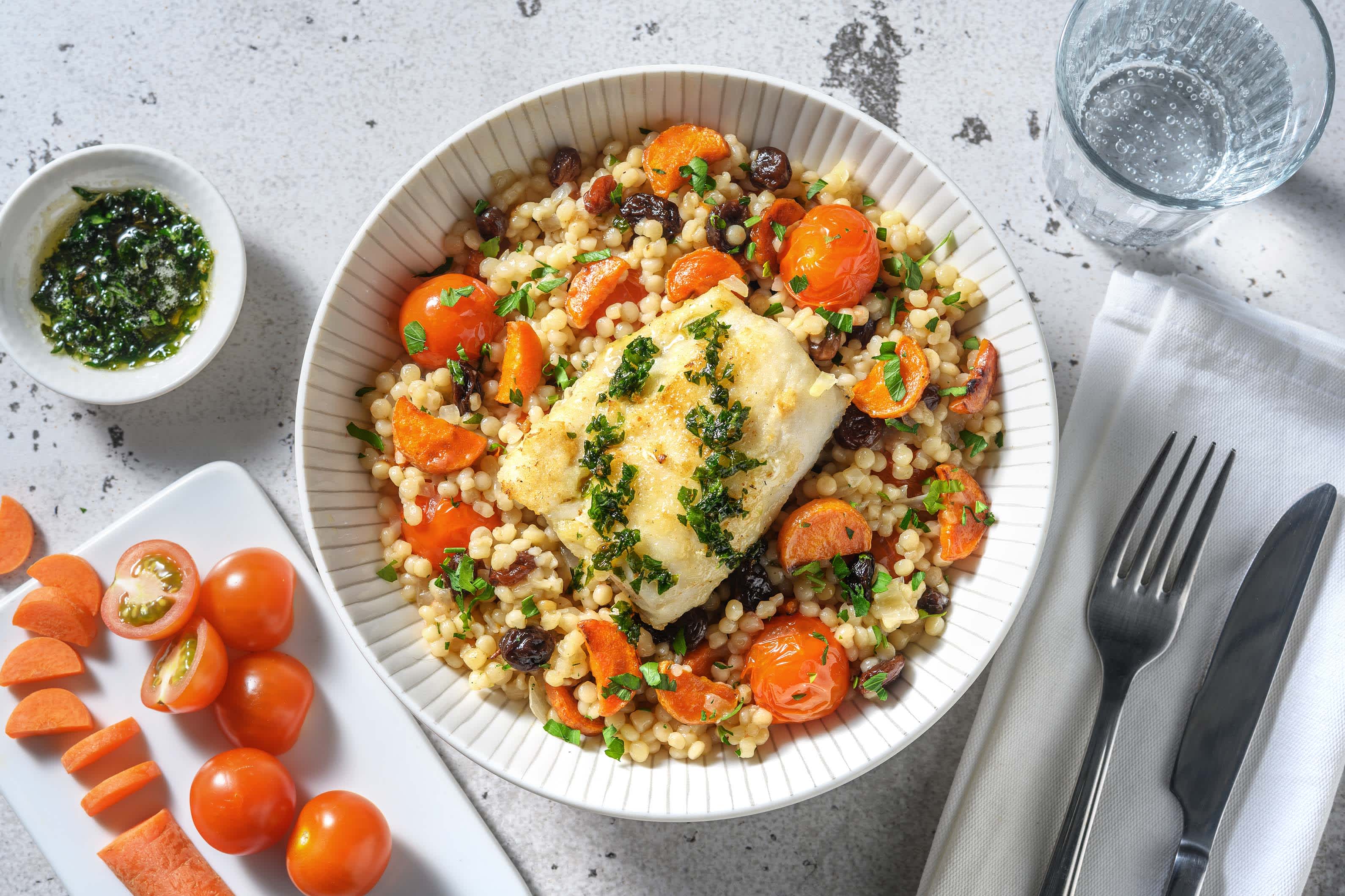 Dos de merlu poêlé, sauce aux herbes et couscous perlé