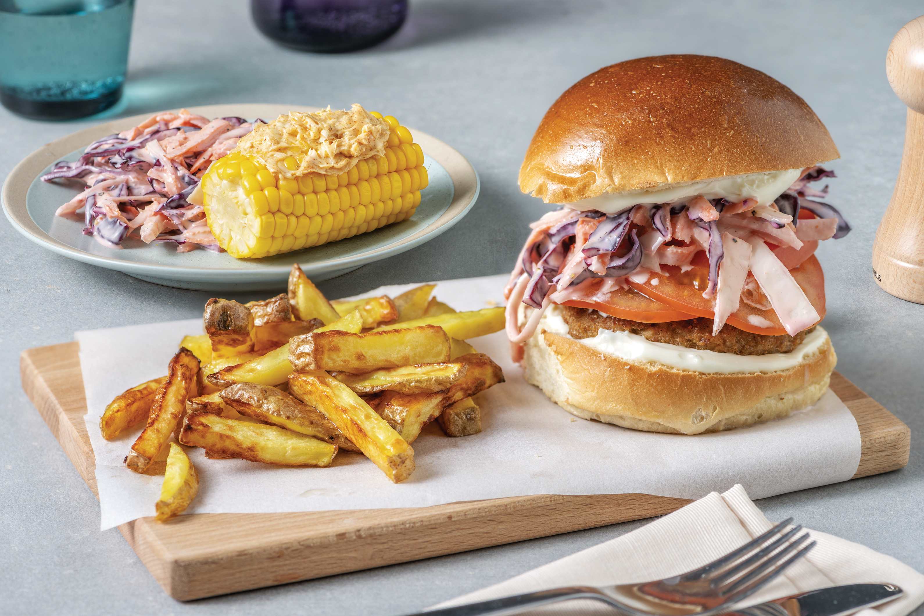 Caribbean Plant-Based Burger & Butter Corn Cobs