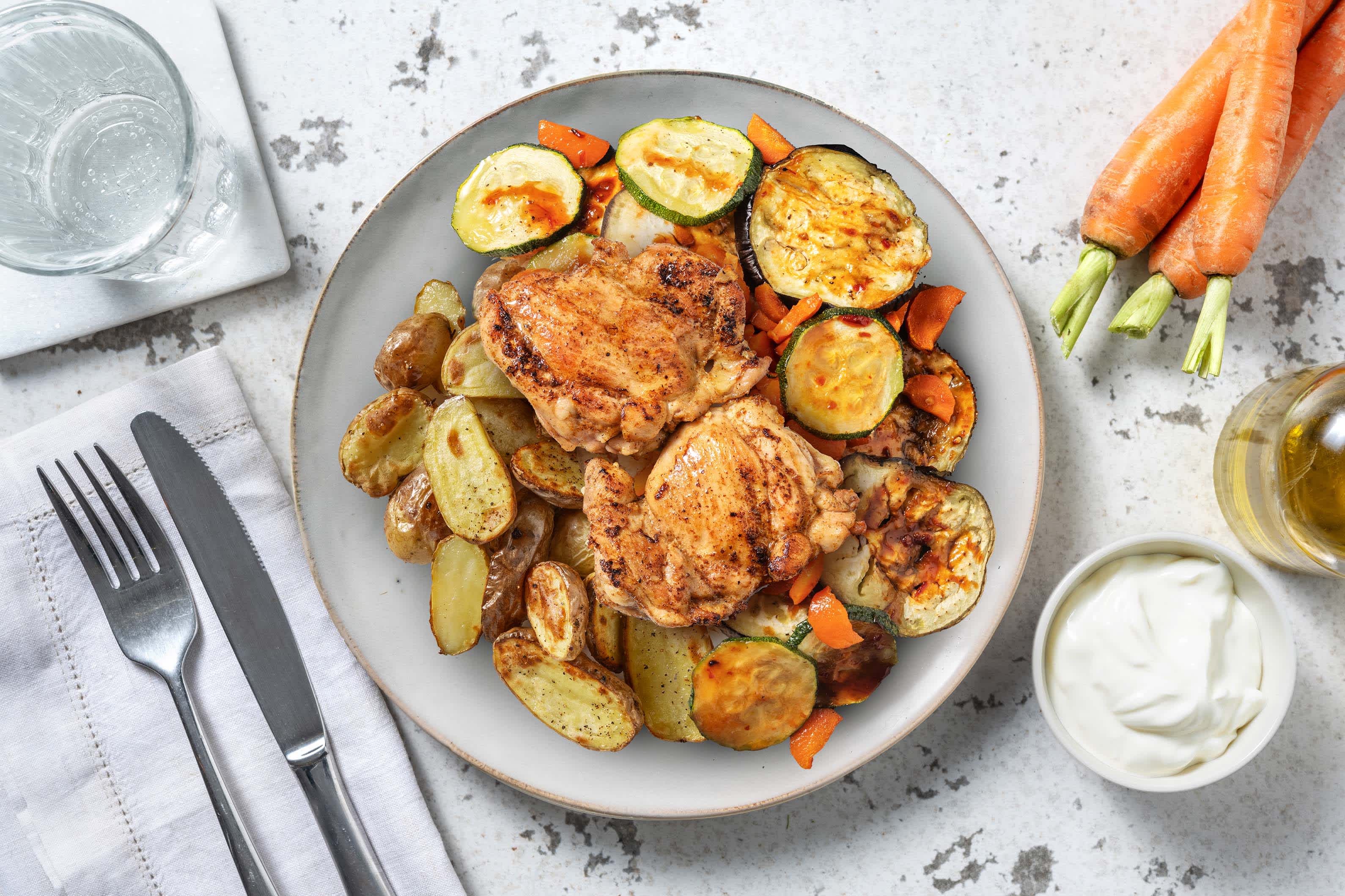 Poulet aux épices coréennes et légumes grillés