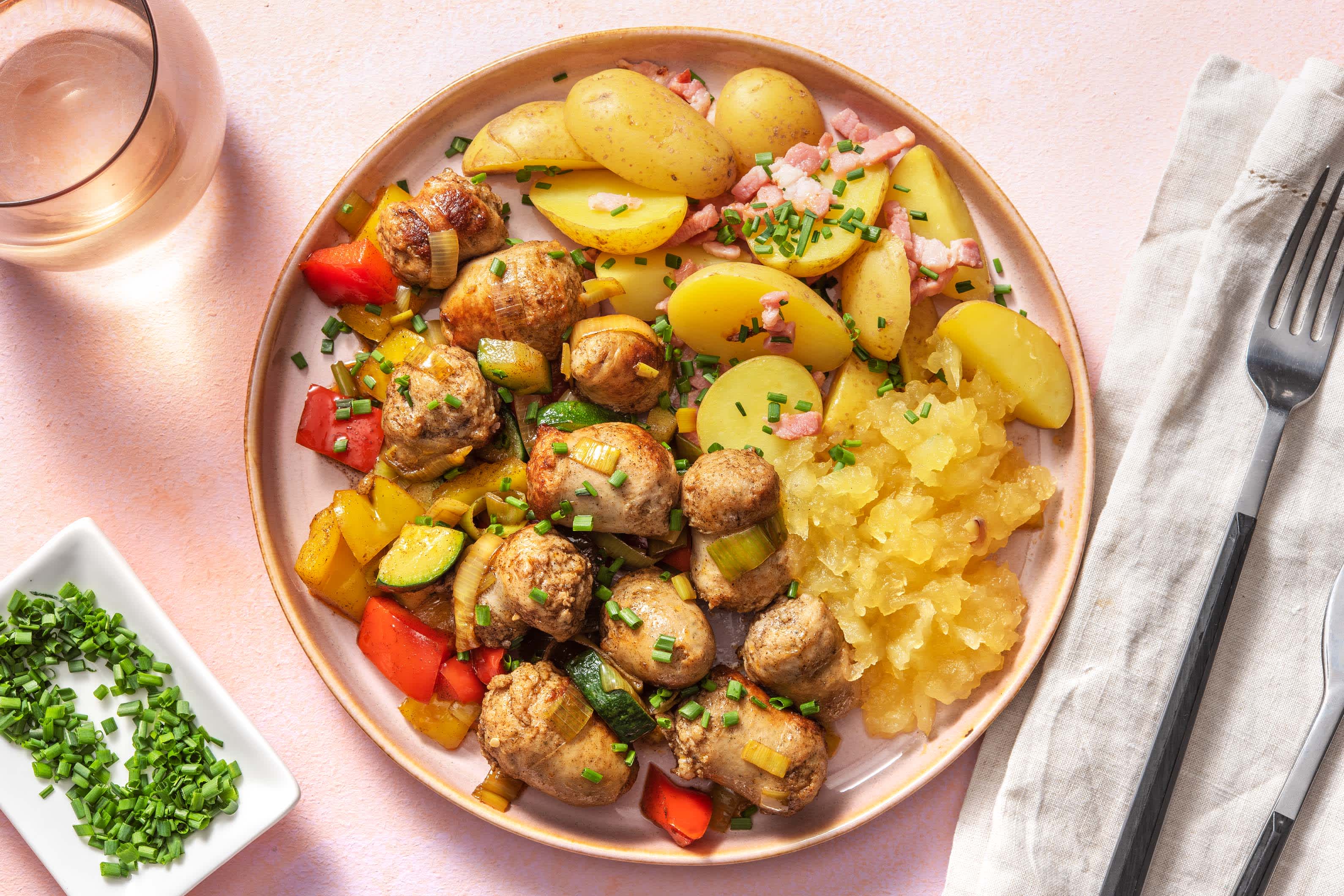 Saucisses de poulet et grenailles aux lardons