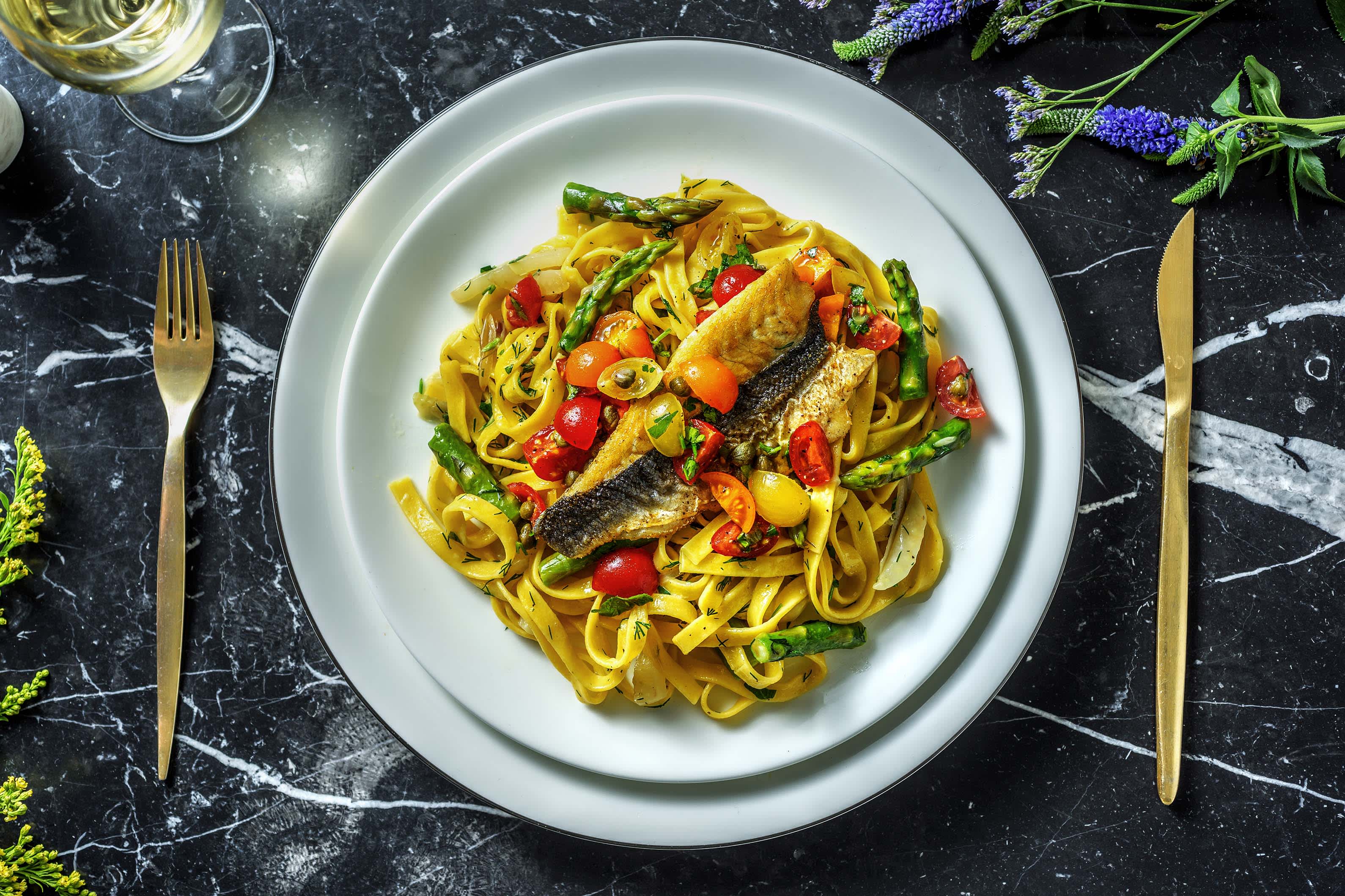 Pan Fried Sea Bass and Fresh Tagliatelle