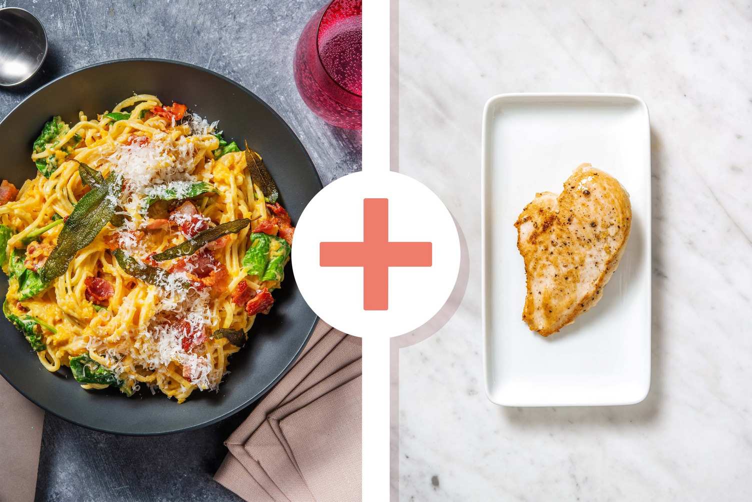 Linguines Alfredo à la courge, au bacon et à la poitrine de poulet
