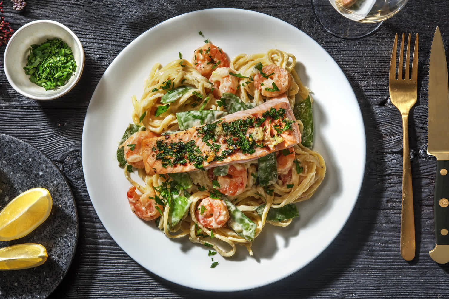 Creamy Garlic Shrimp and Herby Roasted Salmon