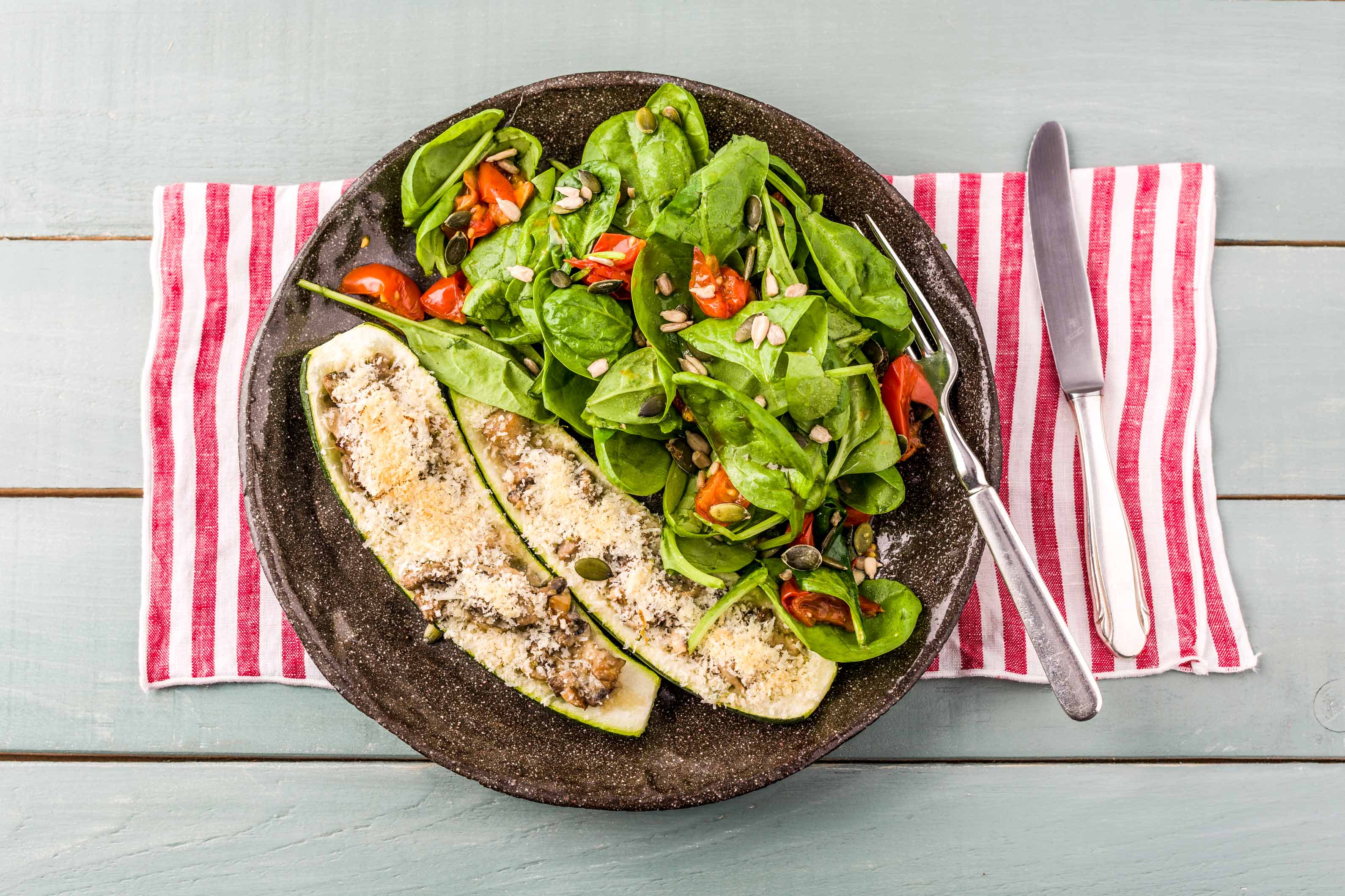 Mushroom Stuffed Courgettes with Balsamic Tomatoes and Spinach