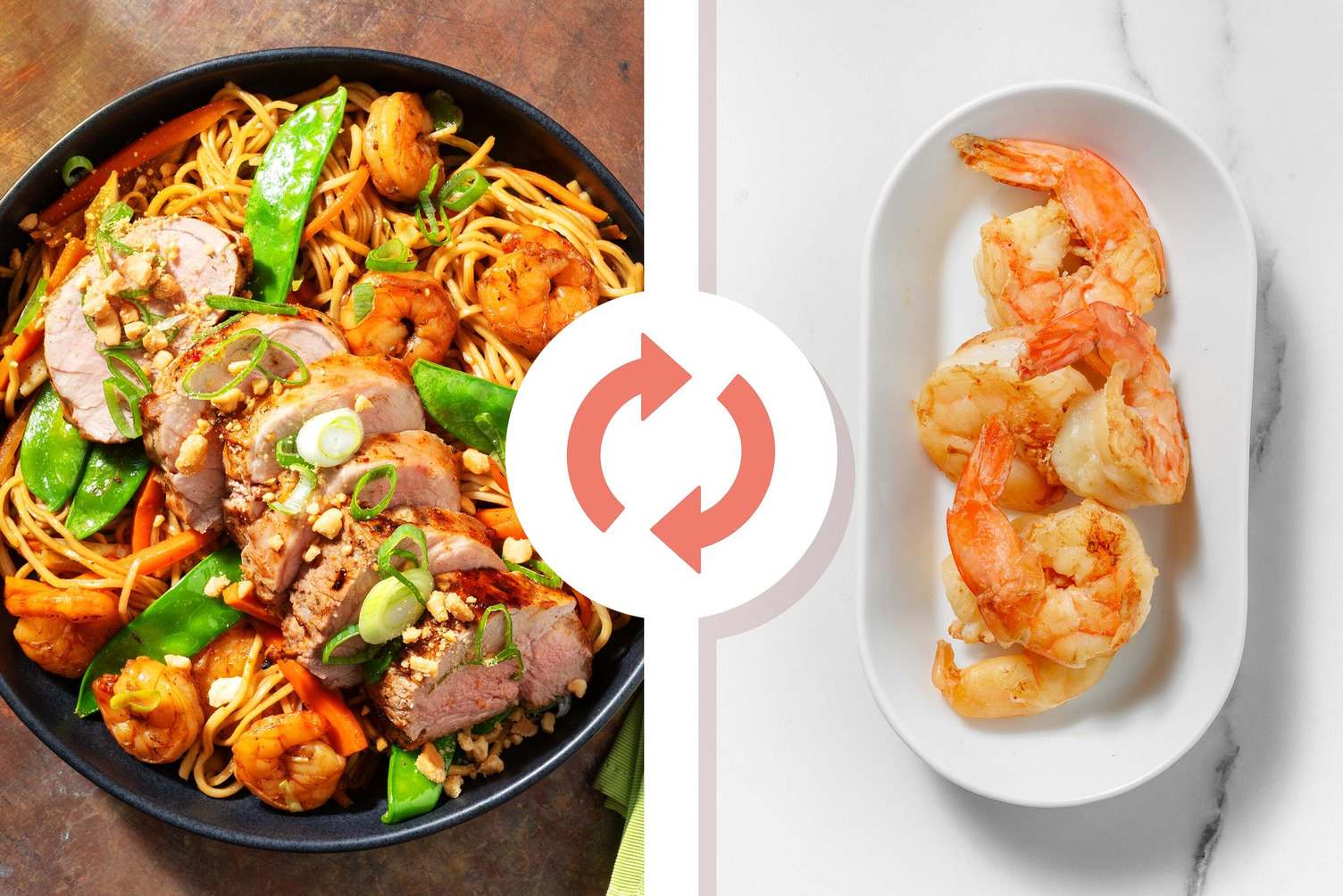 Nouilles style yakisoba au porc, aux crevettes géantes et aux arachides