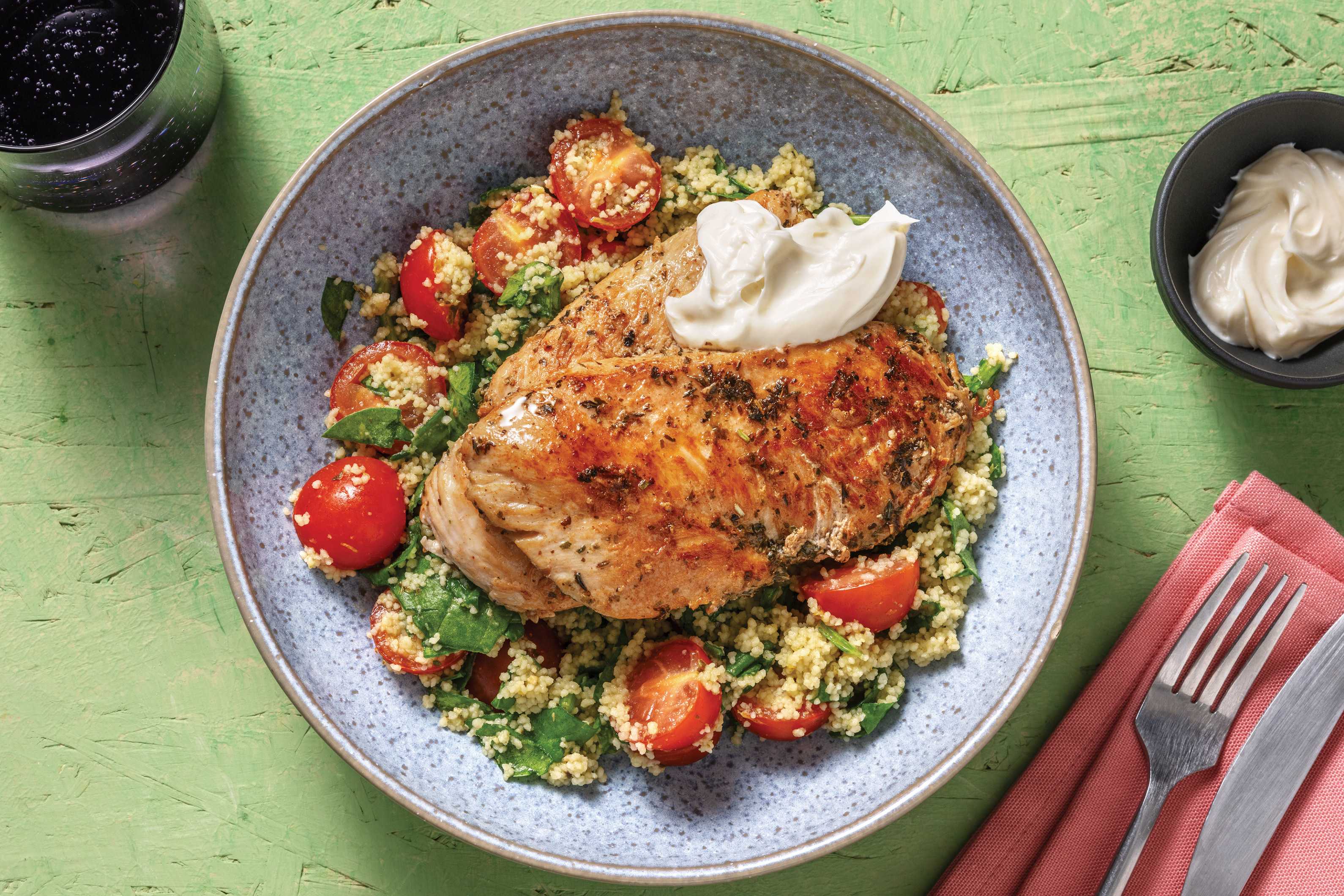 One-Pan Chicken & Veggie-Pesto Couscous