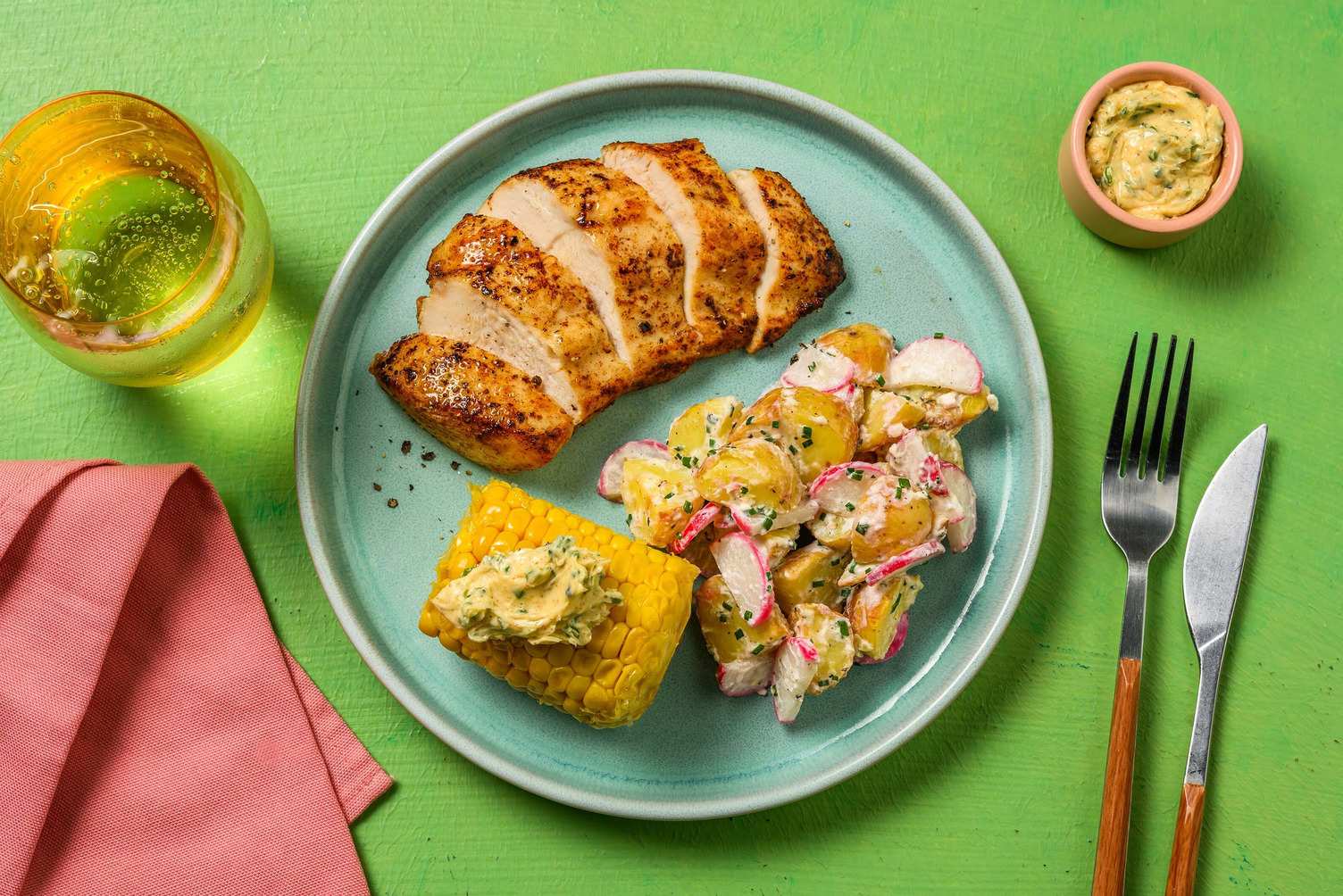 Dry-Rubbed BBQ Chicken and Chive-Buttered Corn