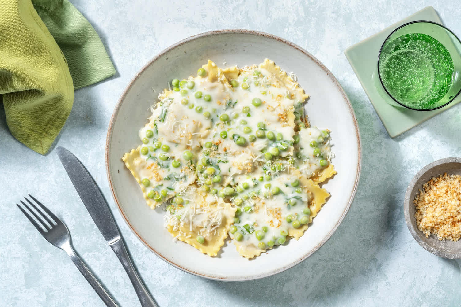 Cheesy-Peas-y Mushroom and Shrimp Ravioli